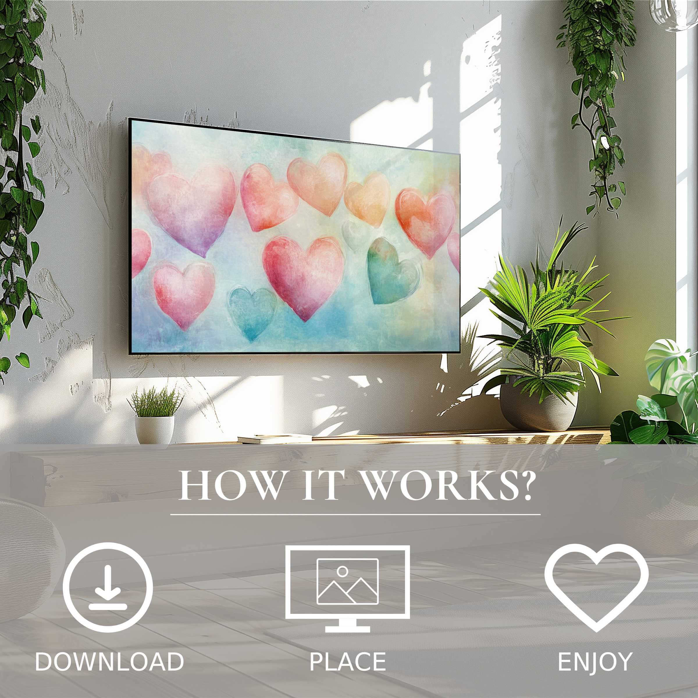 Bright nursery art for Samsung TV shows soft pastel hearts, easy digital download enriching modern living spaces