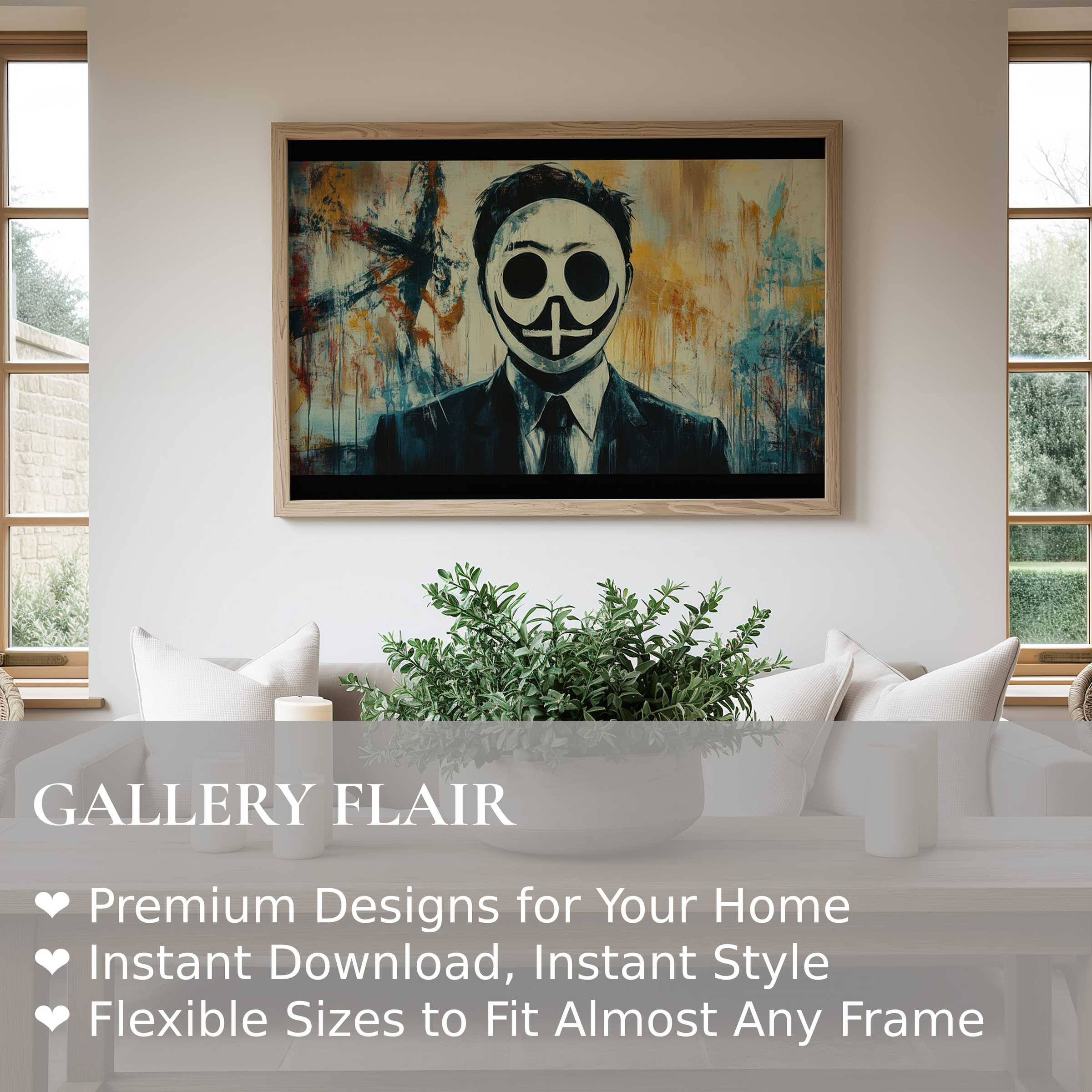 Bold street art wall art print featuring a surreal masked figure in dark tones, enhancing contemporary minimalist living spaces with edgy urban charm