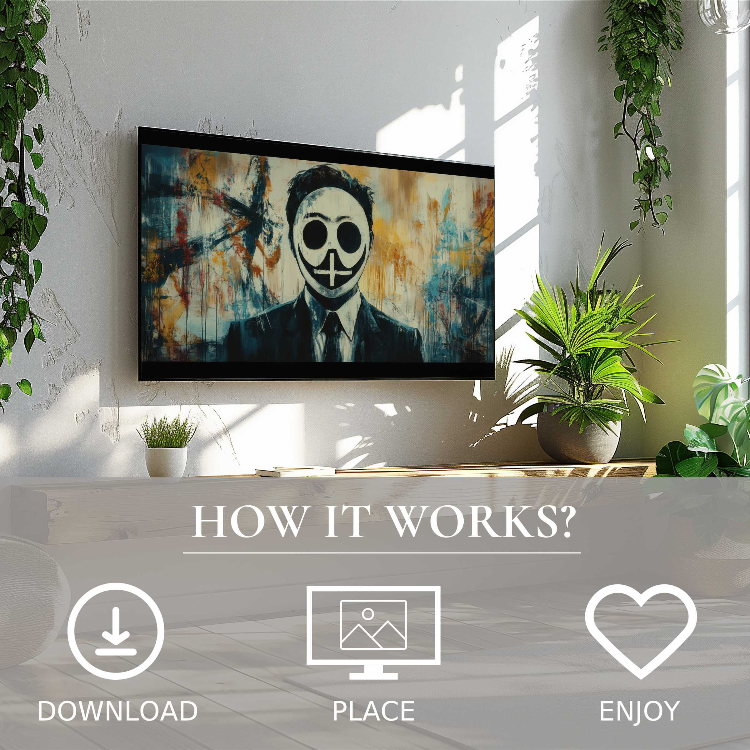 Modern living room with street art for Samsung TV showing eerie figure in muted color flow; easy digital download enhances space