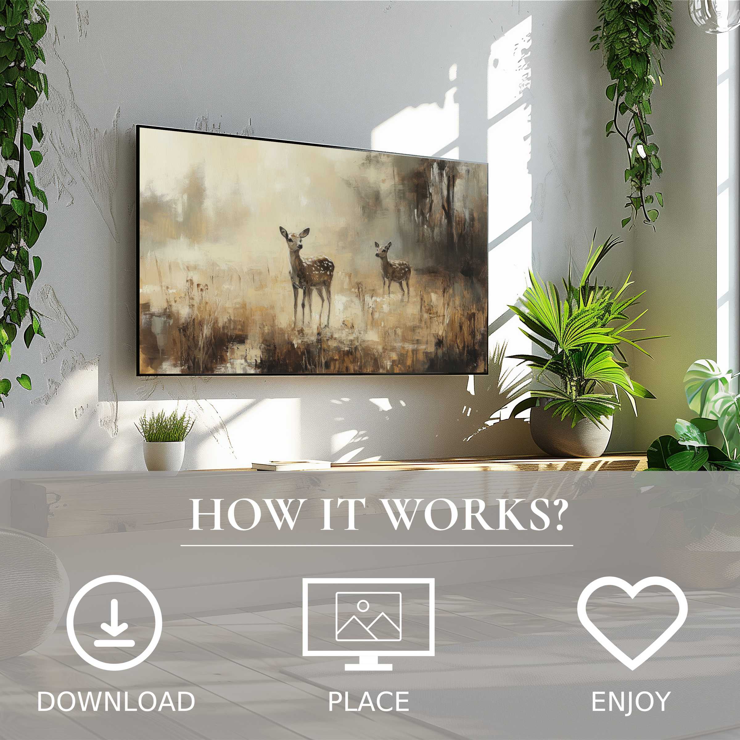 Vintage art for Samsung TV showing soft, misty deer motif; easy digital download enriches modern living spaces with calm elegance