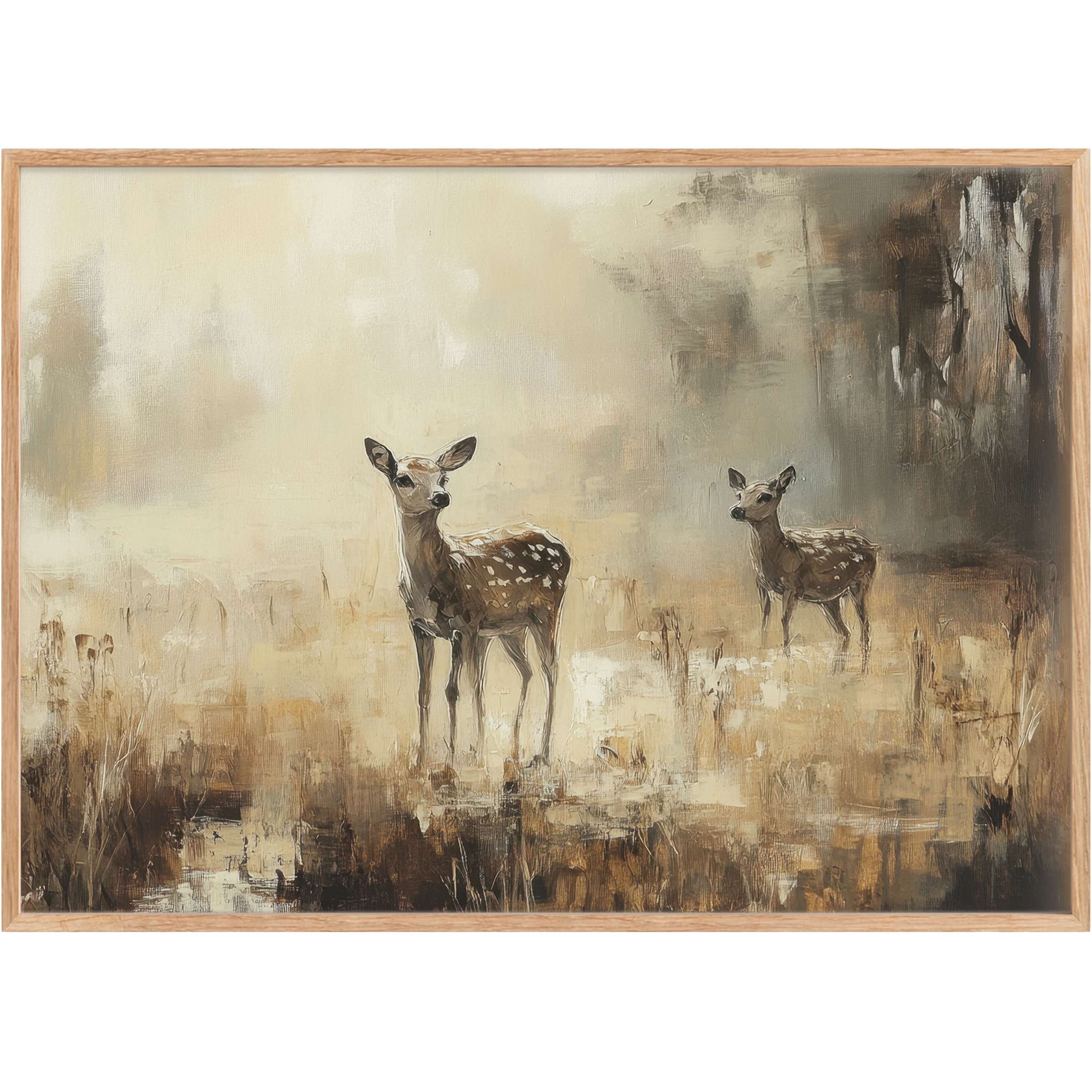 Vintage printable wall art capturing two gentle deer in muted earth tones, creating a serene, timeless ambiance for elegant interiors