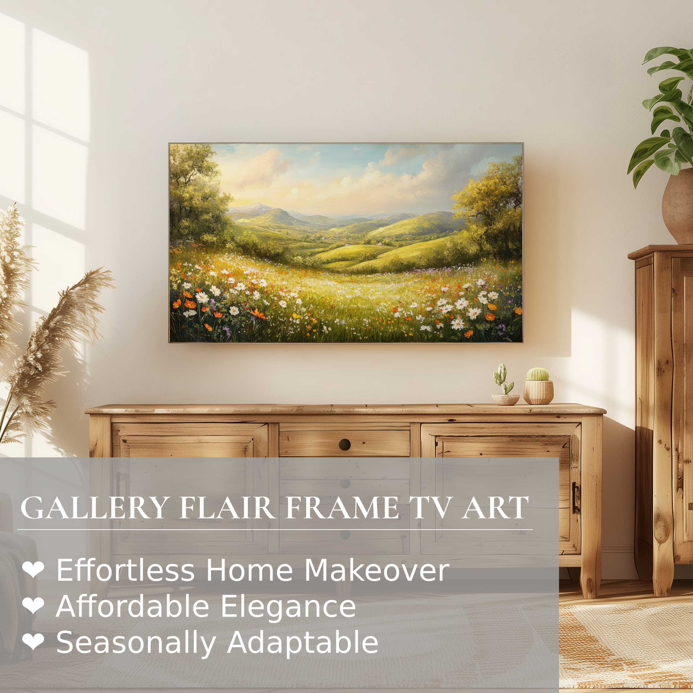 Samsung Frame TV displays serene landscape digital artwork, blending classic charm with modern home elegance