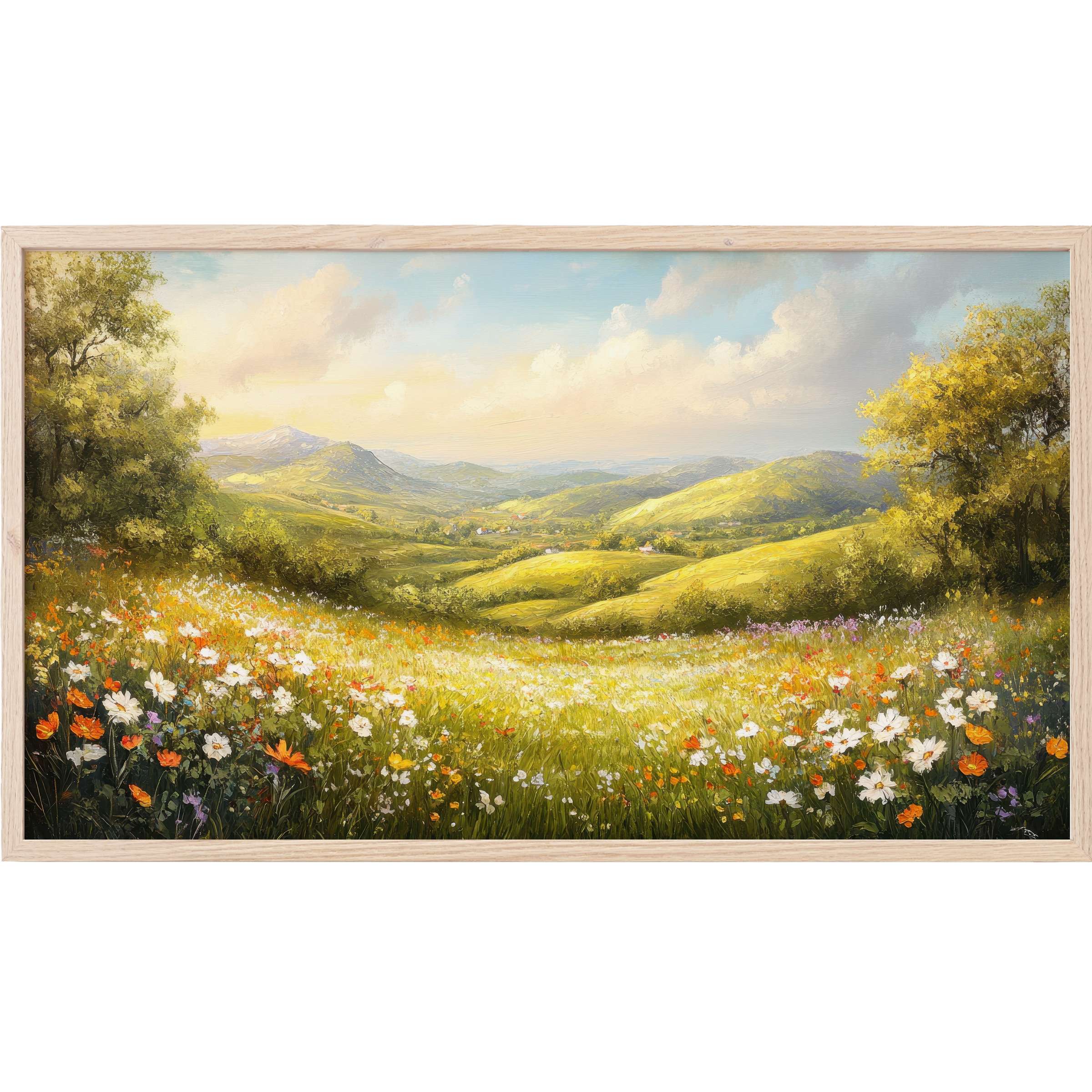 Landscape Frame TV Art showing a sunlit meadow with wildflowers and rolling green hills under a soft blue sky