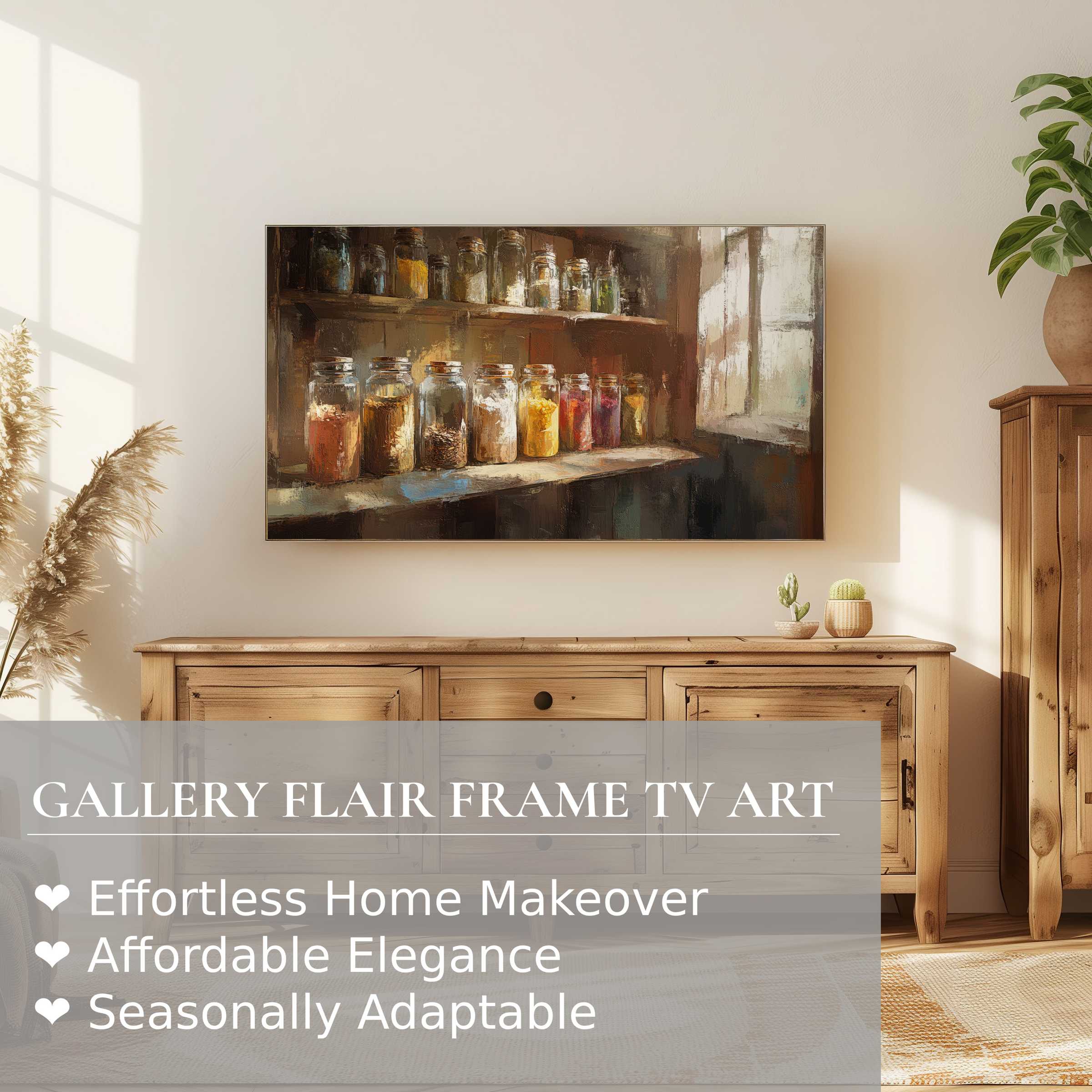 Samsung Frame TV showcasing warm, textured farmhouse digital artwork in a serene, sunlit rustic interior setting