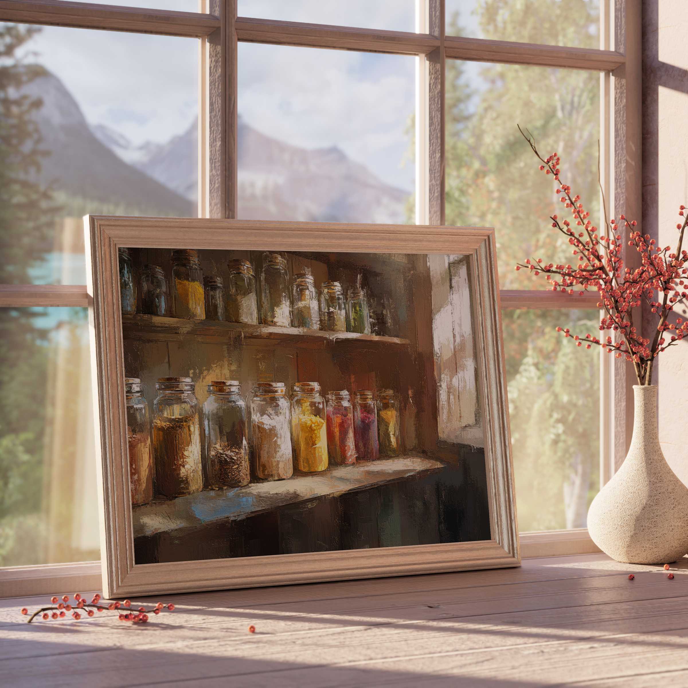 Farmhouse downloadable art depicting rustic spice jars on wooden shelves, evoking warm, curated tranquility in elegant interiors