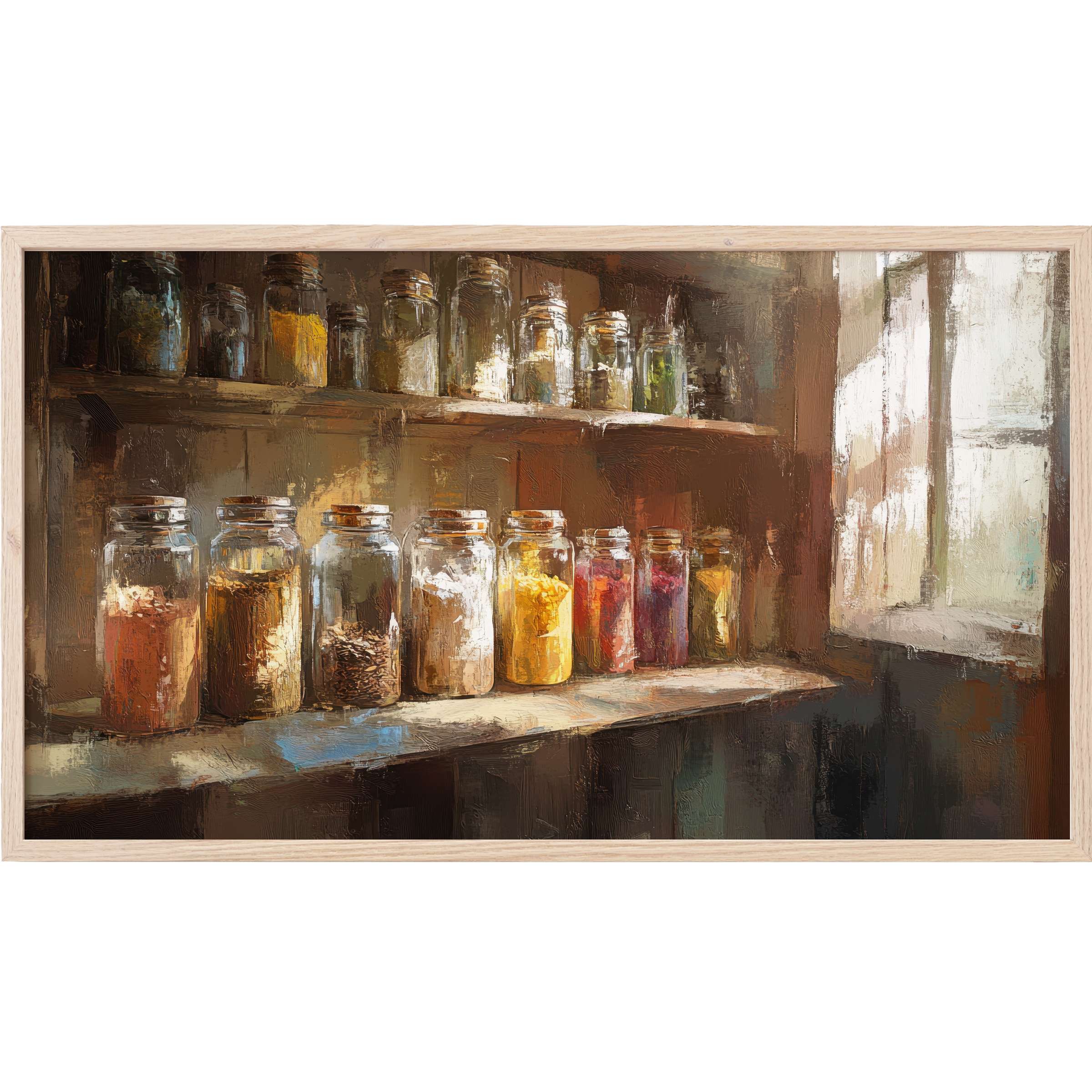 Farmhouse Frame TV Art shows warm, textured jars on rustic shelves bathed in soft, natural light