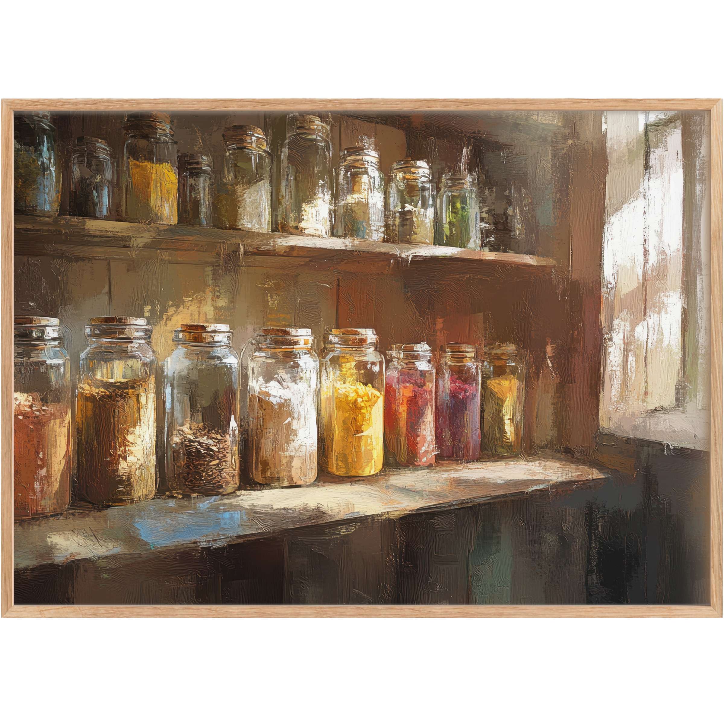 Farmhouse printable wall art capturing sunlit glass jars in warm amber and ochre tones, evoking cozy rustic charm