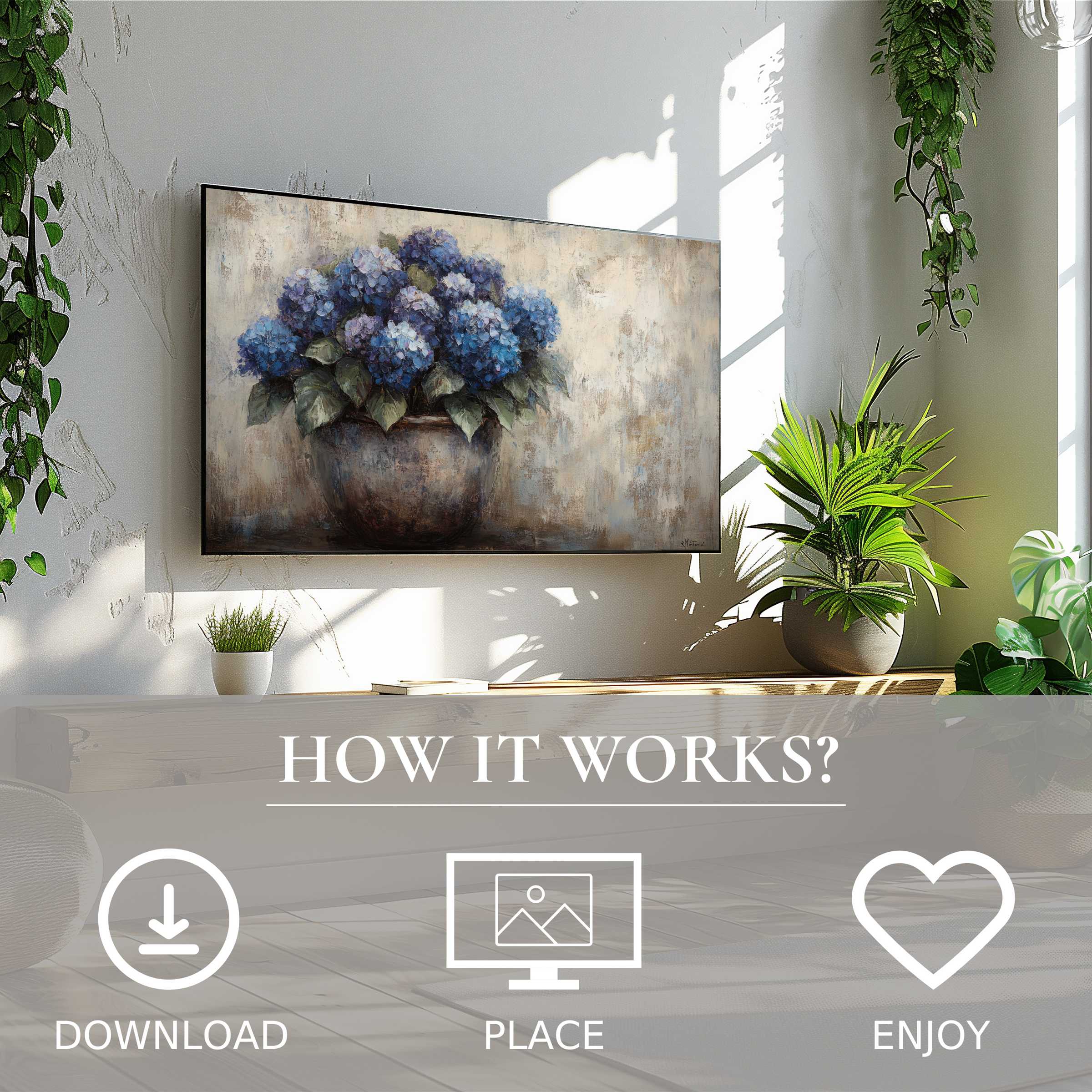 Modern living space with floral art for Samsung TV; easy digital download; abstract soft blue hydrangea motif enriches room