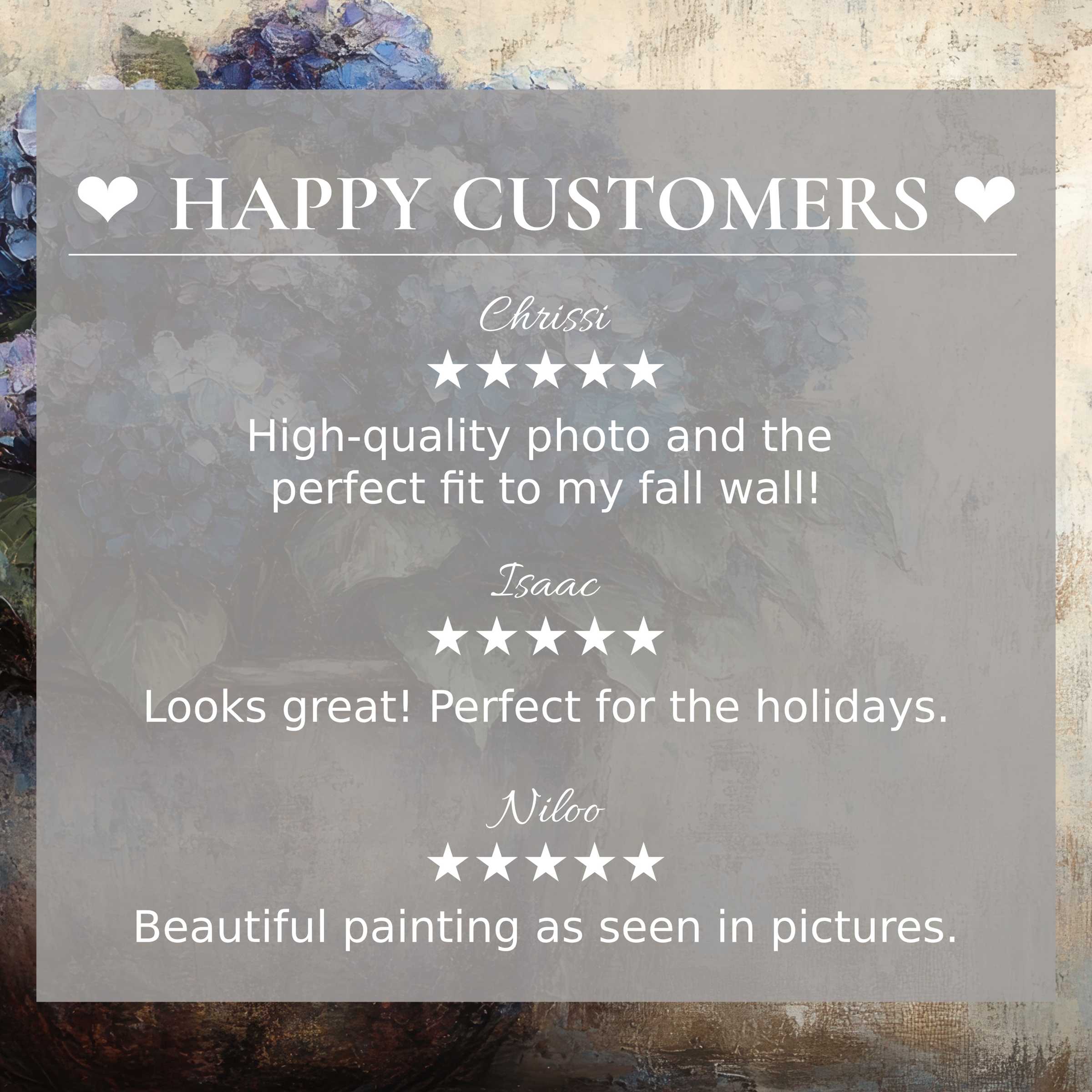 Refined floral art for Frame TV with elegant hydrangea hues, showcasing happy customer trust and positive reviews