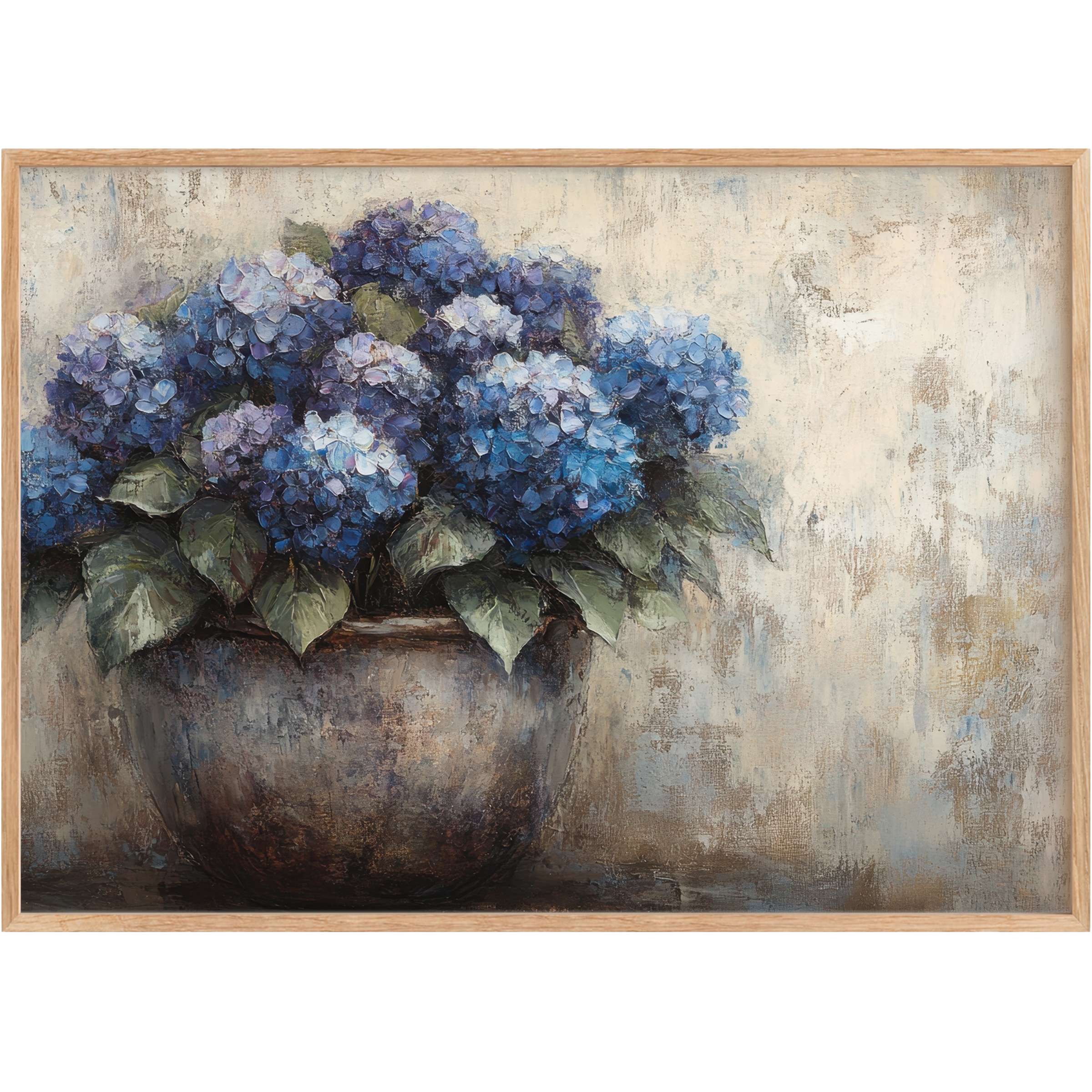 Elegant floral printable wall art featuring lush blue hydrangeas in a rustic vase, evoking a serene, timeless ambiance
