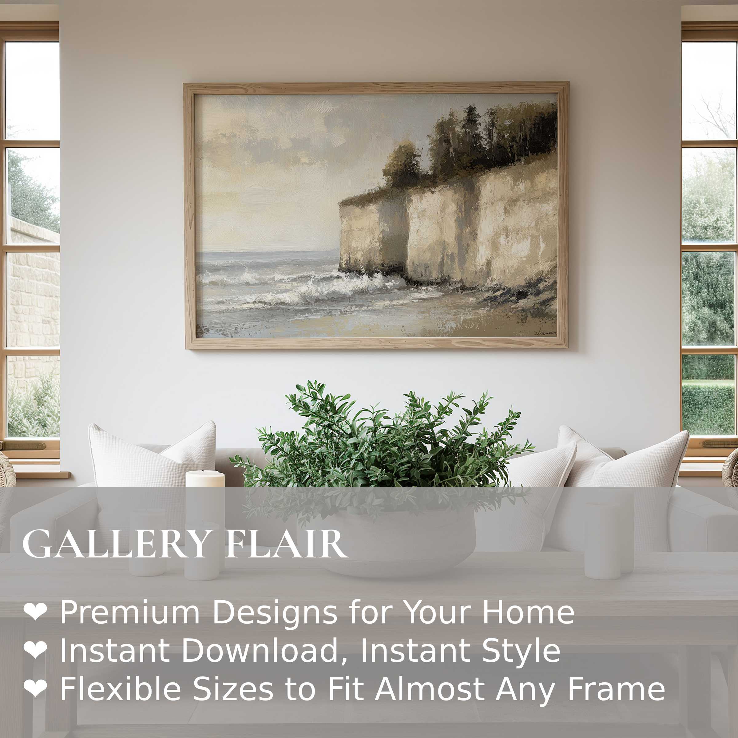 Coastal wall art print featuring serene cliffs and waves in muted tones, elevating minimalist and modern living spaces with calming coastal charm