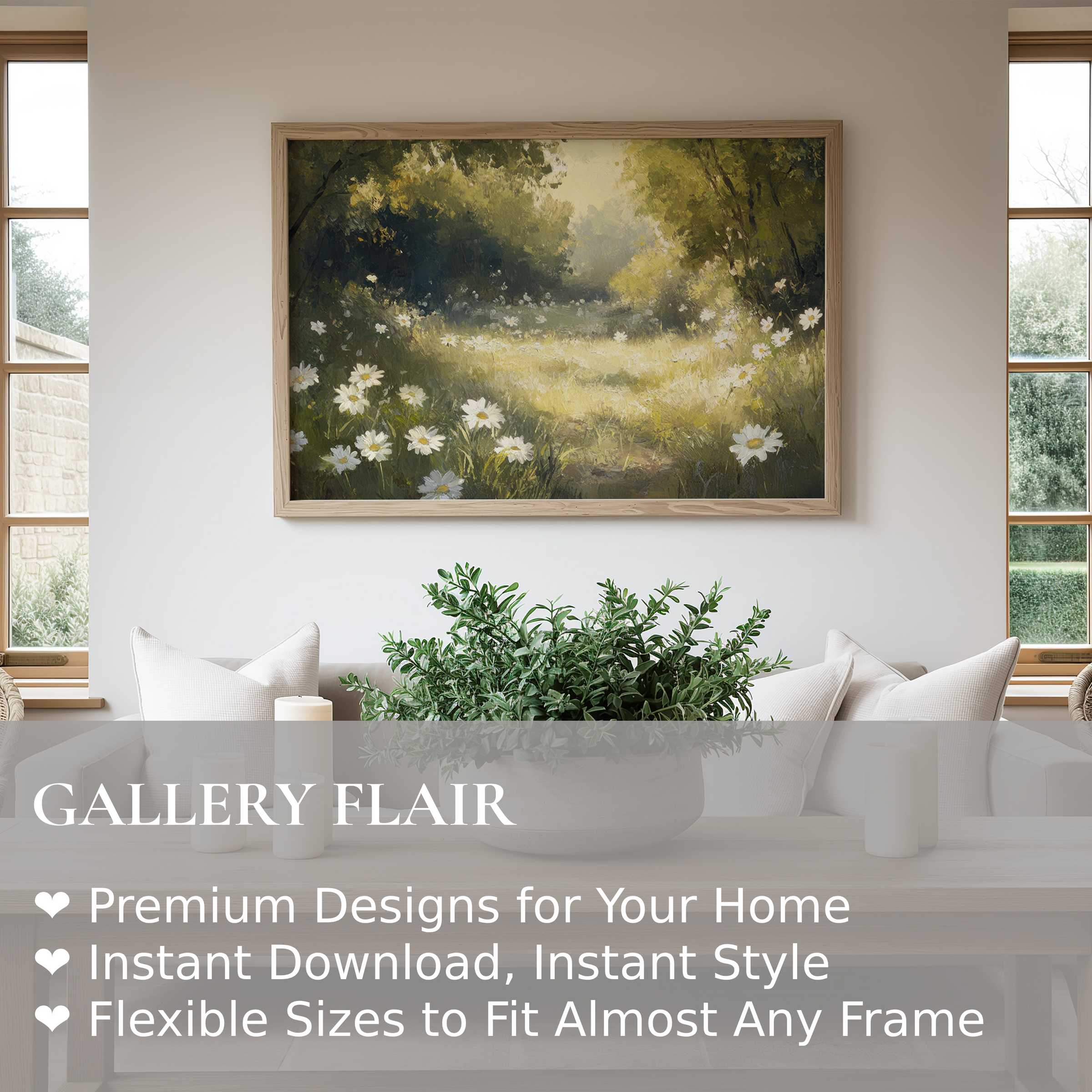 Radiant summer wall art print capturing a sunlit meadow with daisies, enhancing serene modern farmhouse interiors