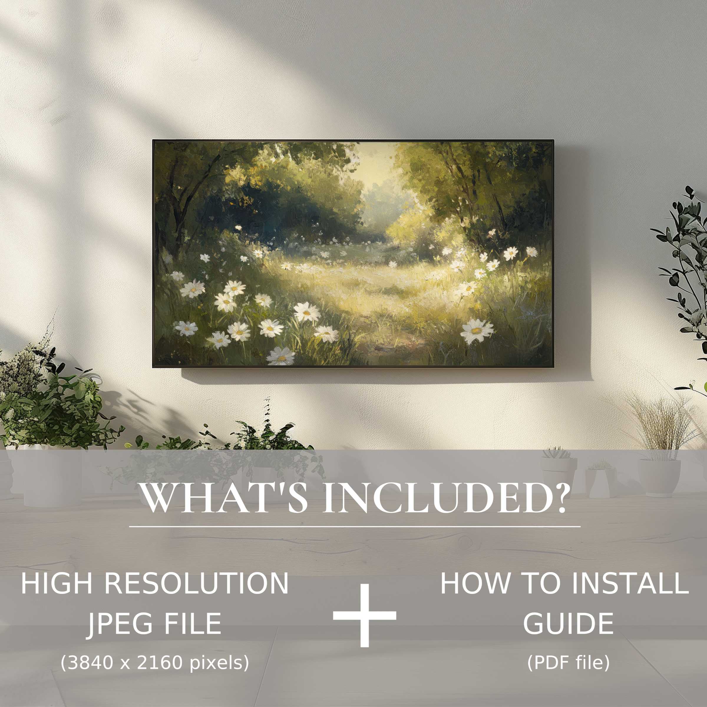 Elegant summer digital TV art download, easy to use, enhances living spaces with serene floral landscape