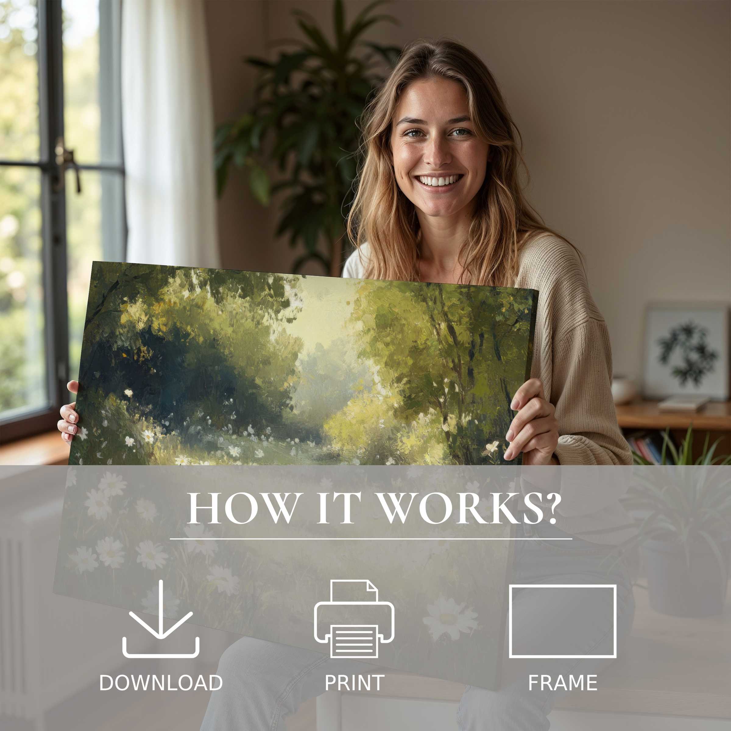 Radiant summer digital art print in a modern home, evoking serene joy and effortless elegance through nature's embrace