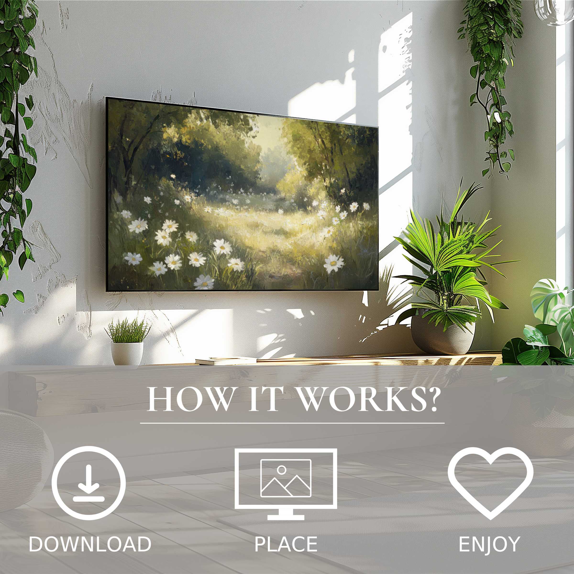 Summer art for Samsung TV: digital download with soft sunlight and daisies, enhancing modern living spaces effortlessly