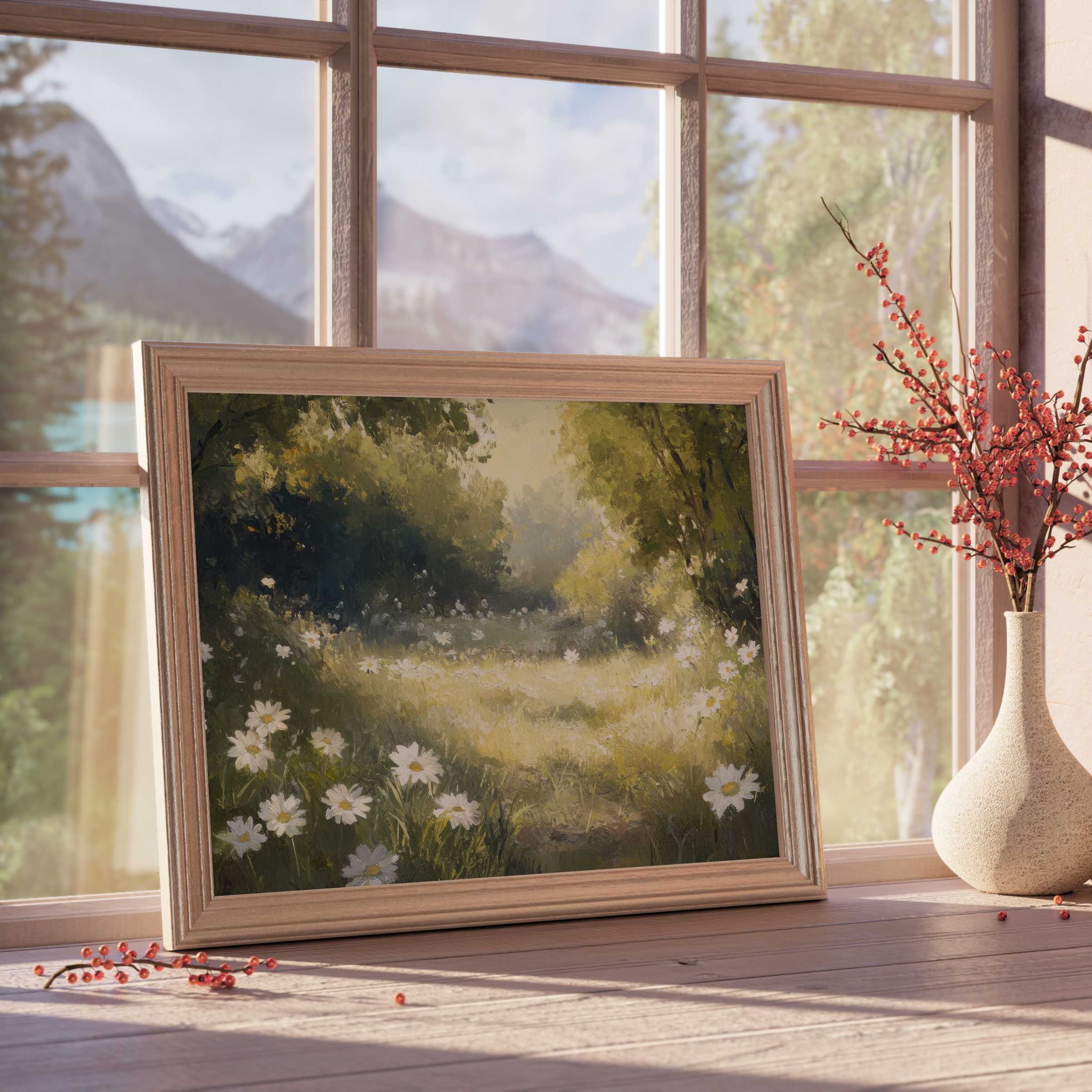 Summer downloadable art evoking tranquil meadow light, soft daisies, and lush greenery, perfect for curated, design-forward interiors