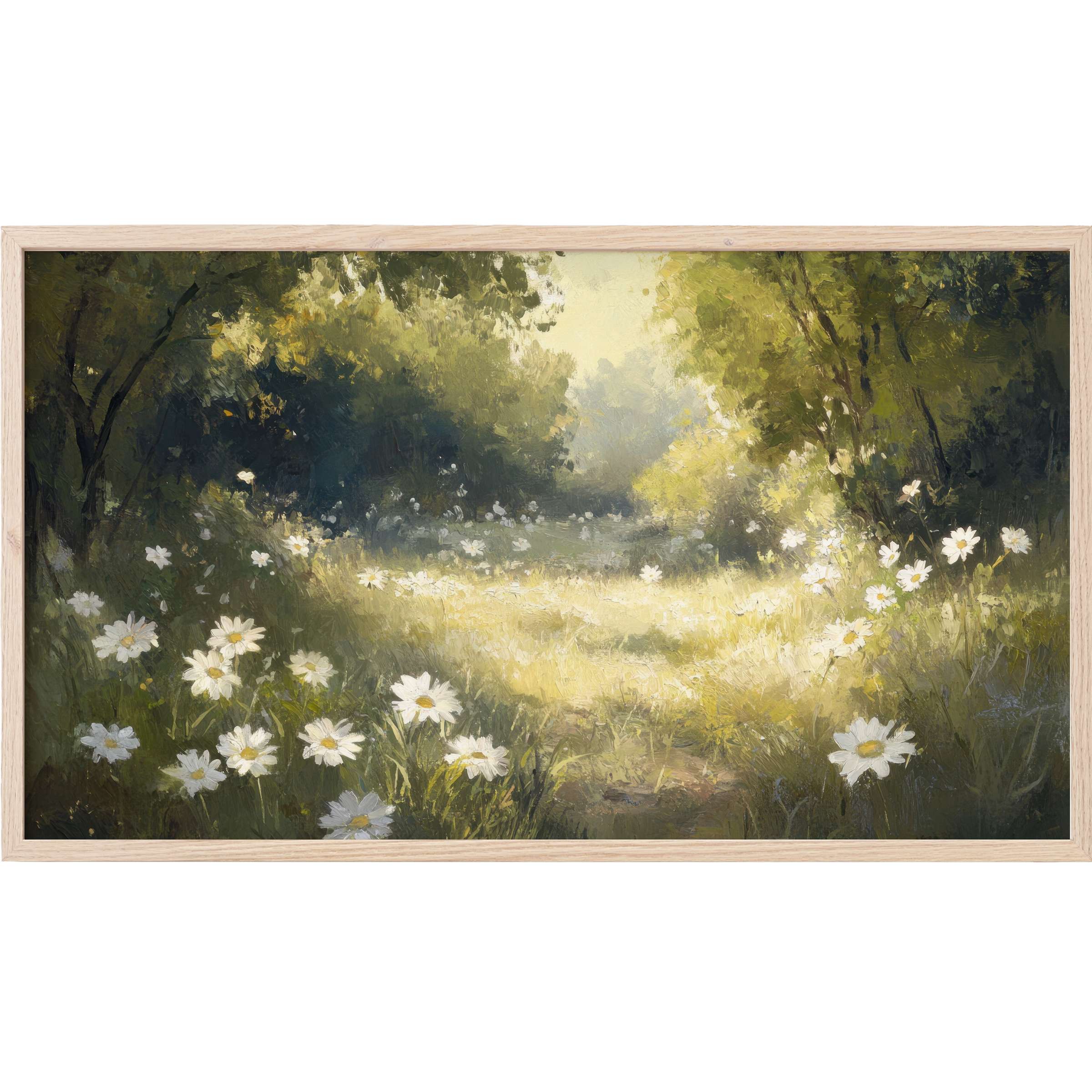 Sunlit meadow with white daisies and lush greenery in soft brushstrokes, a serene summer Frame TV Art