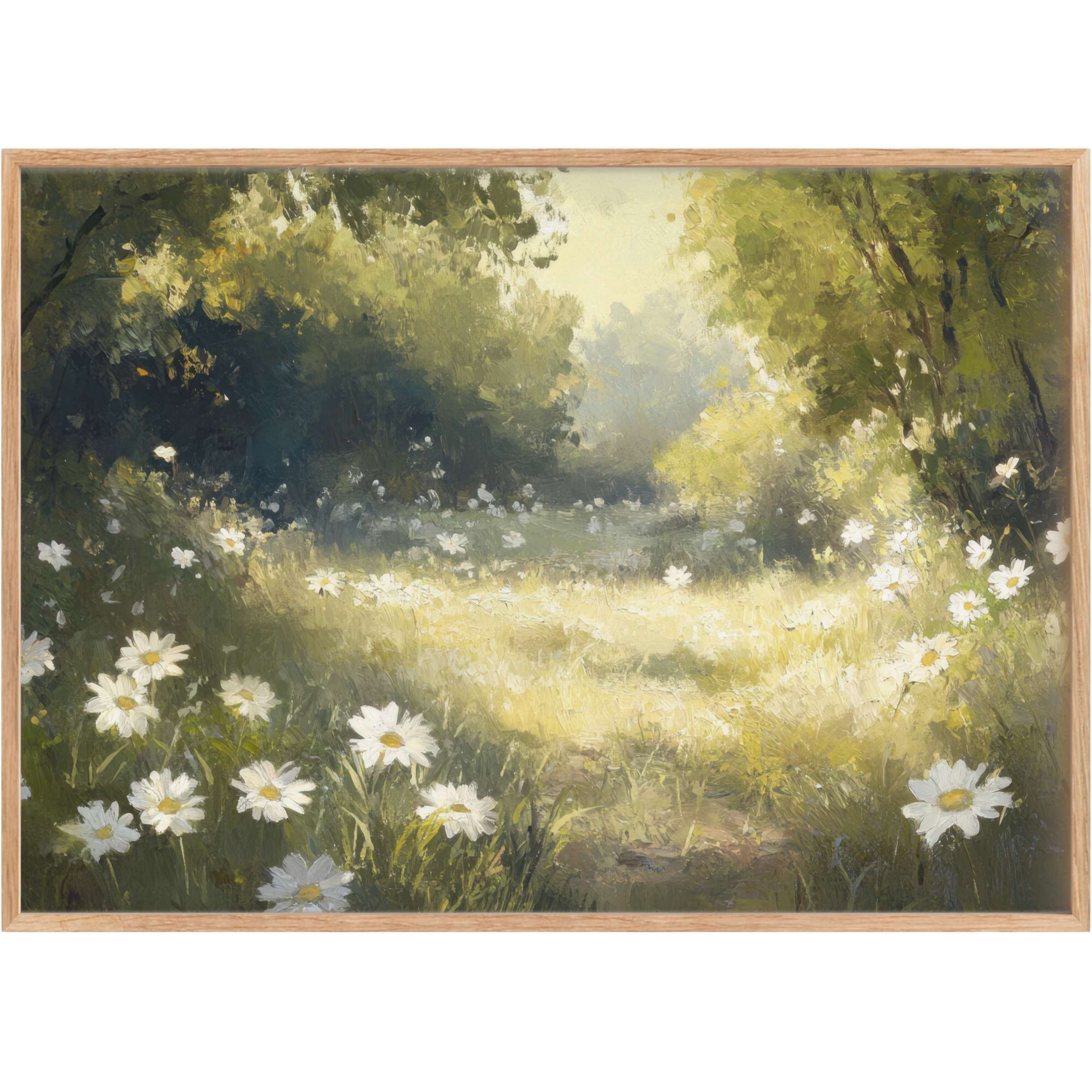 Sunlit wildflower meadow with soft greens and whites, evoking serene warmth in elegant summer printable wall art
