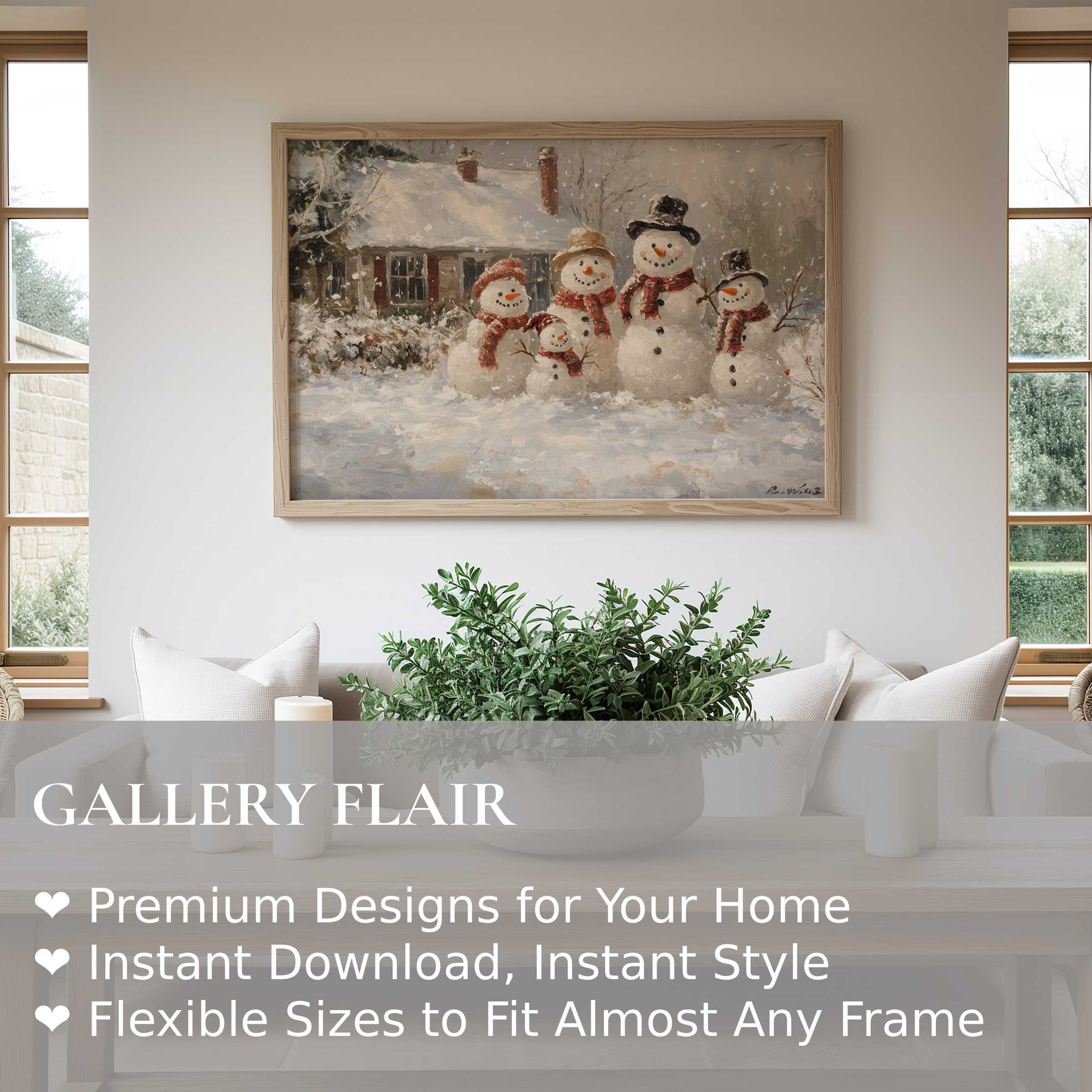 Christmas wall art print featuring a radiant snowman family in a cozy winter scene, elevating modern farmhouse interiors with nostalgic charm