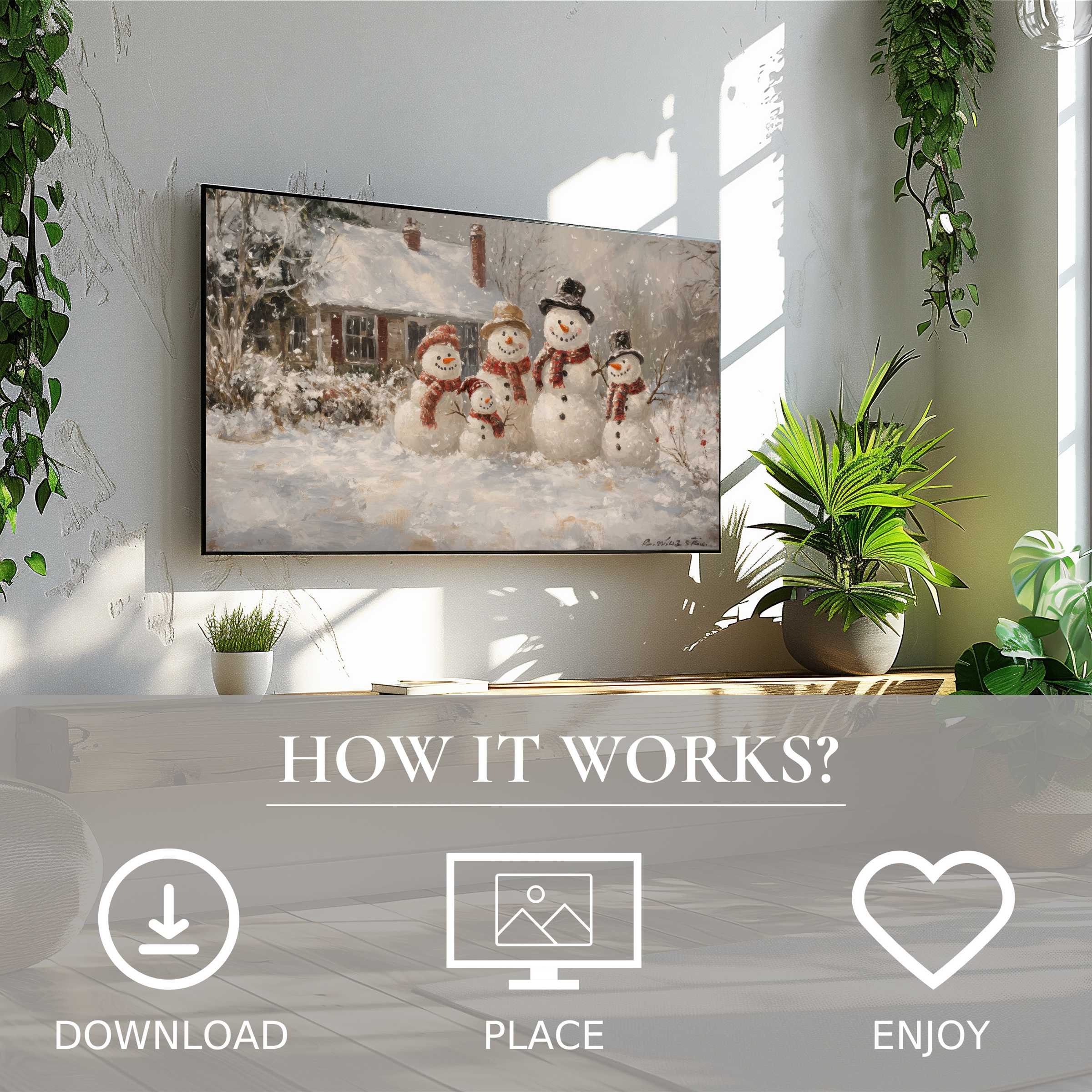 Modern living room with christmas art for Samsung TV showing soft snowy tones and warm snowmen; easy digital download enriches space