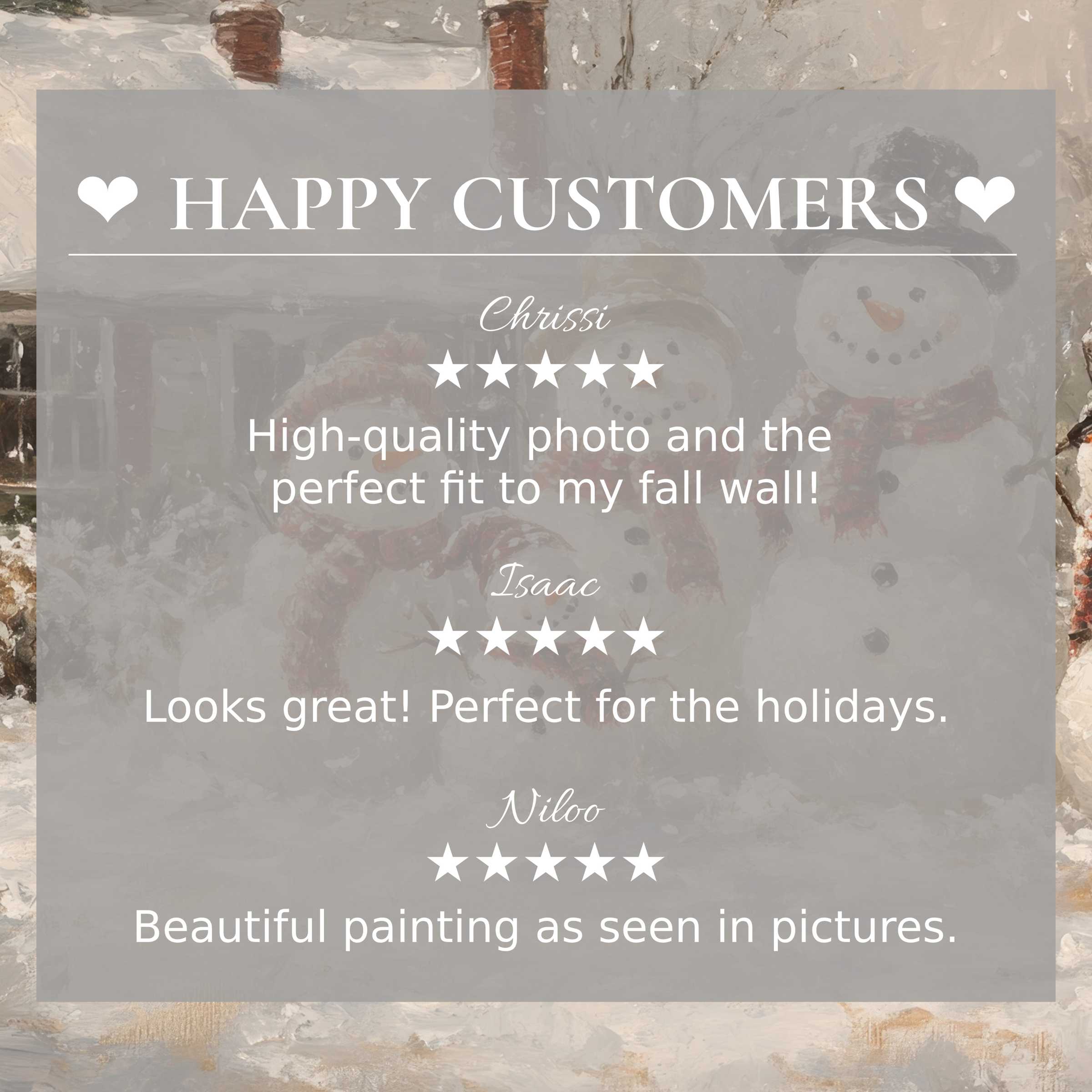 Elegant christmas art for Frame TV with a soft, muted snowman background; showcases reviews from happy customers