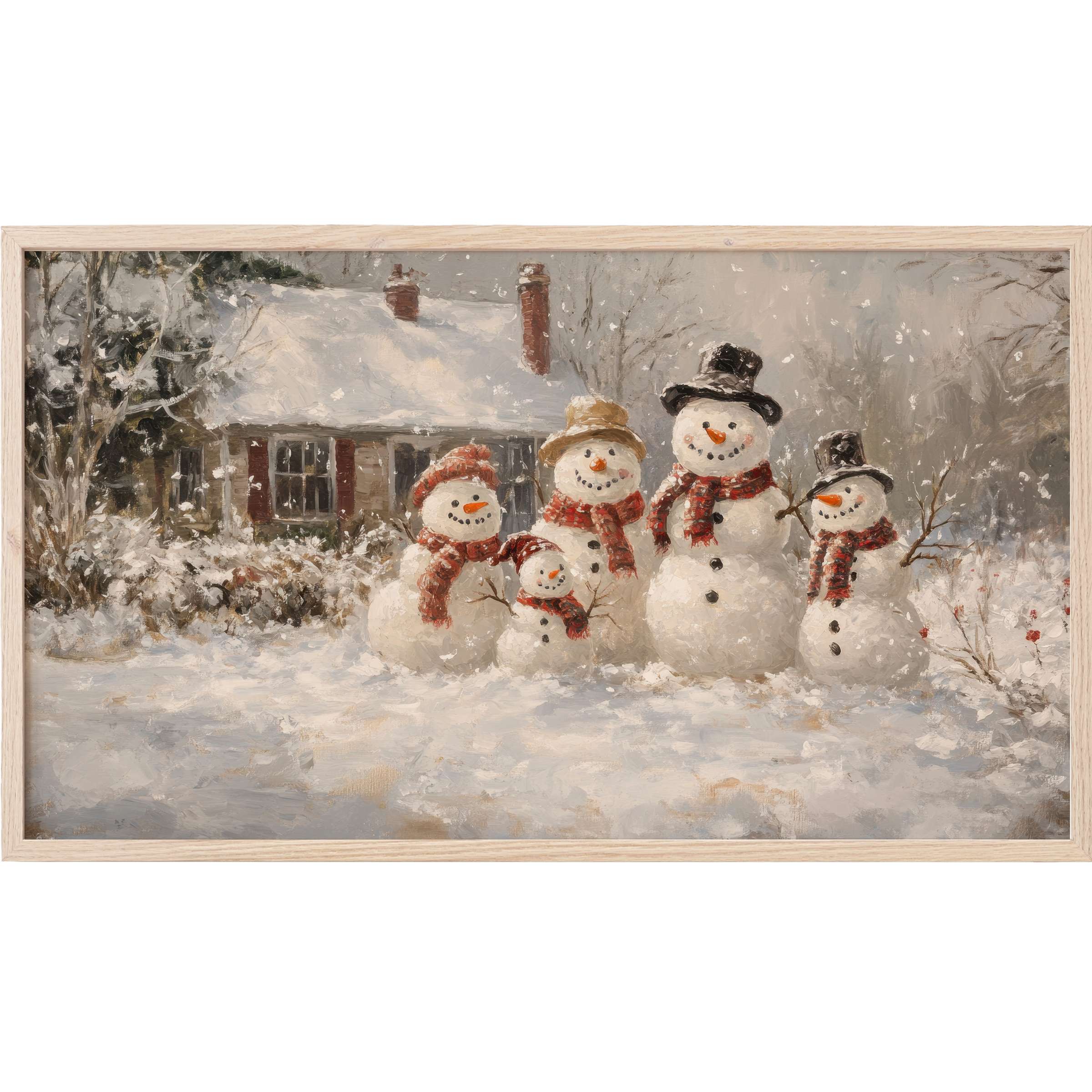 Elegant winter scene of five snowmen with scarves and hats before a snowy house, christmas Frame TV Art