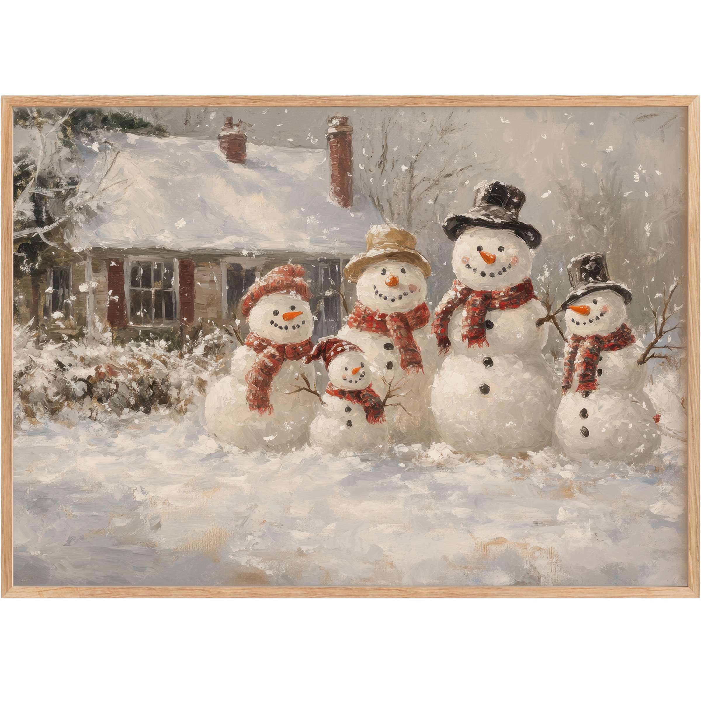 Cheerful Christmas printable wall art featuring a joyful snowman family in warm reds and soft grays, evoking cozy holiday charm