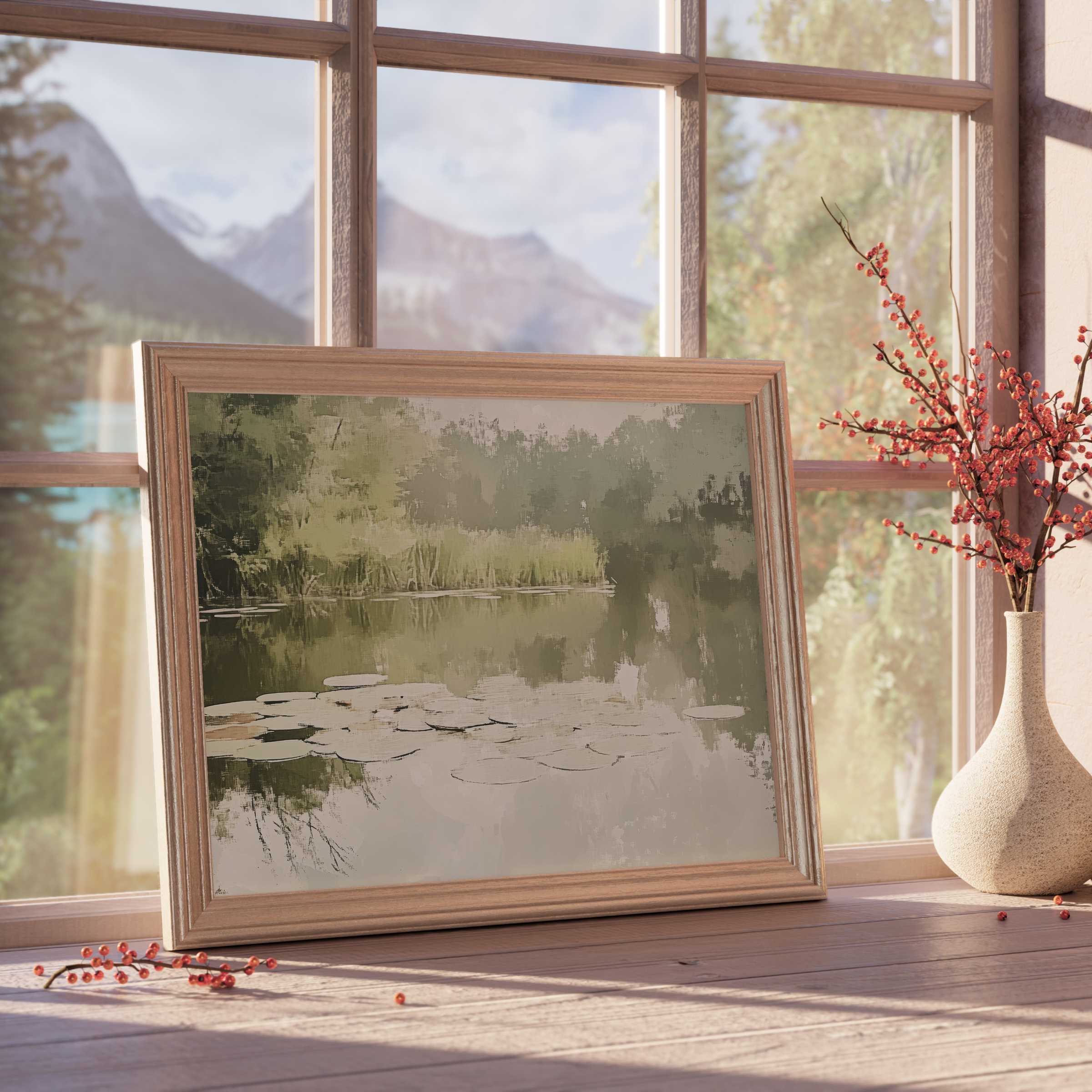 Serene spring downloadable art with muted lily pads and tranquil waters, elevating curated interiors with natural calm and luxe design
