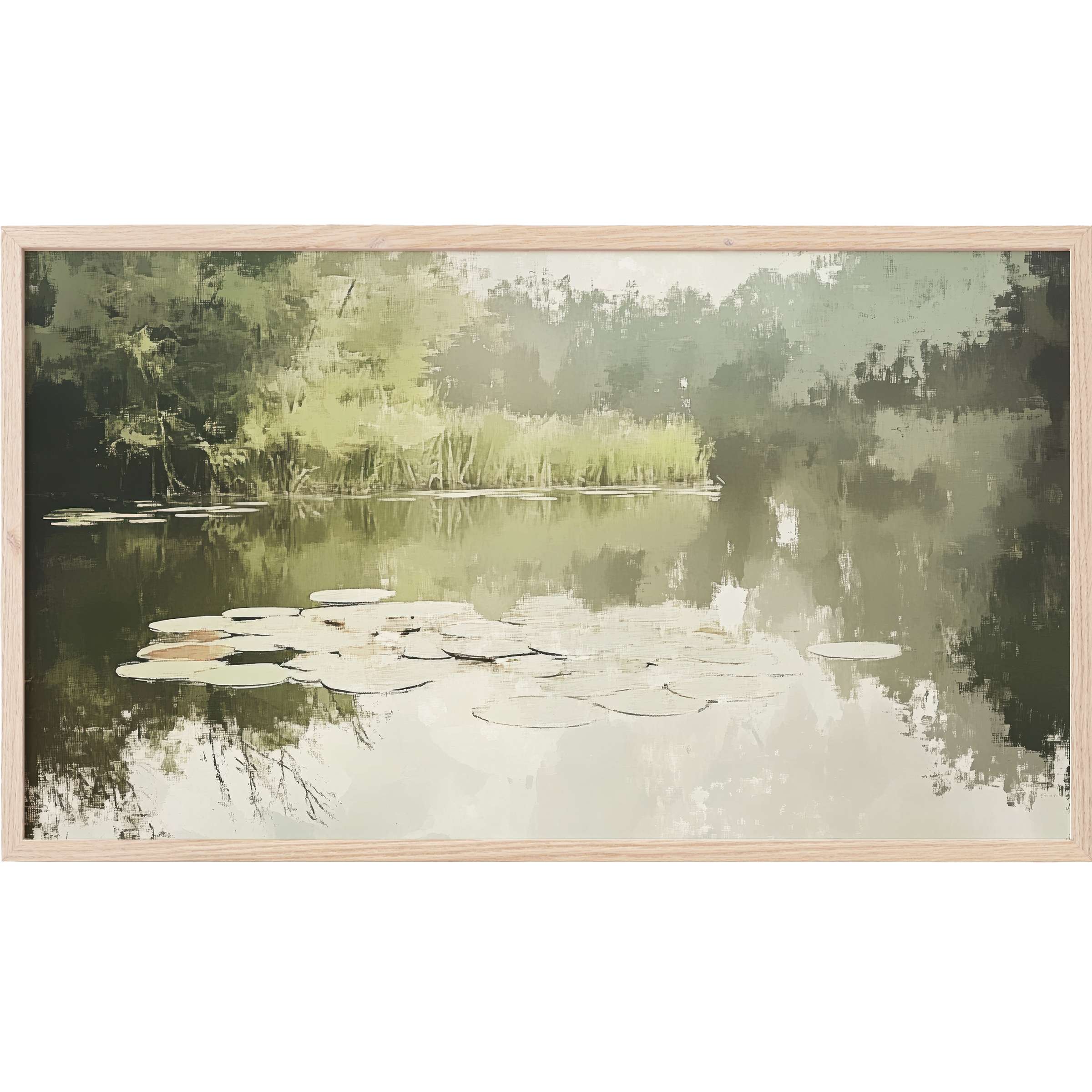 Serene pond scene in muted greens and soft grays, modern impressionist style, perfect spring Frame TV Art