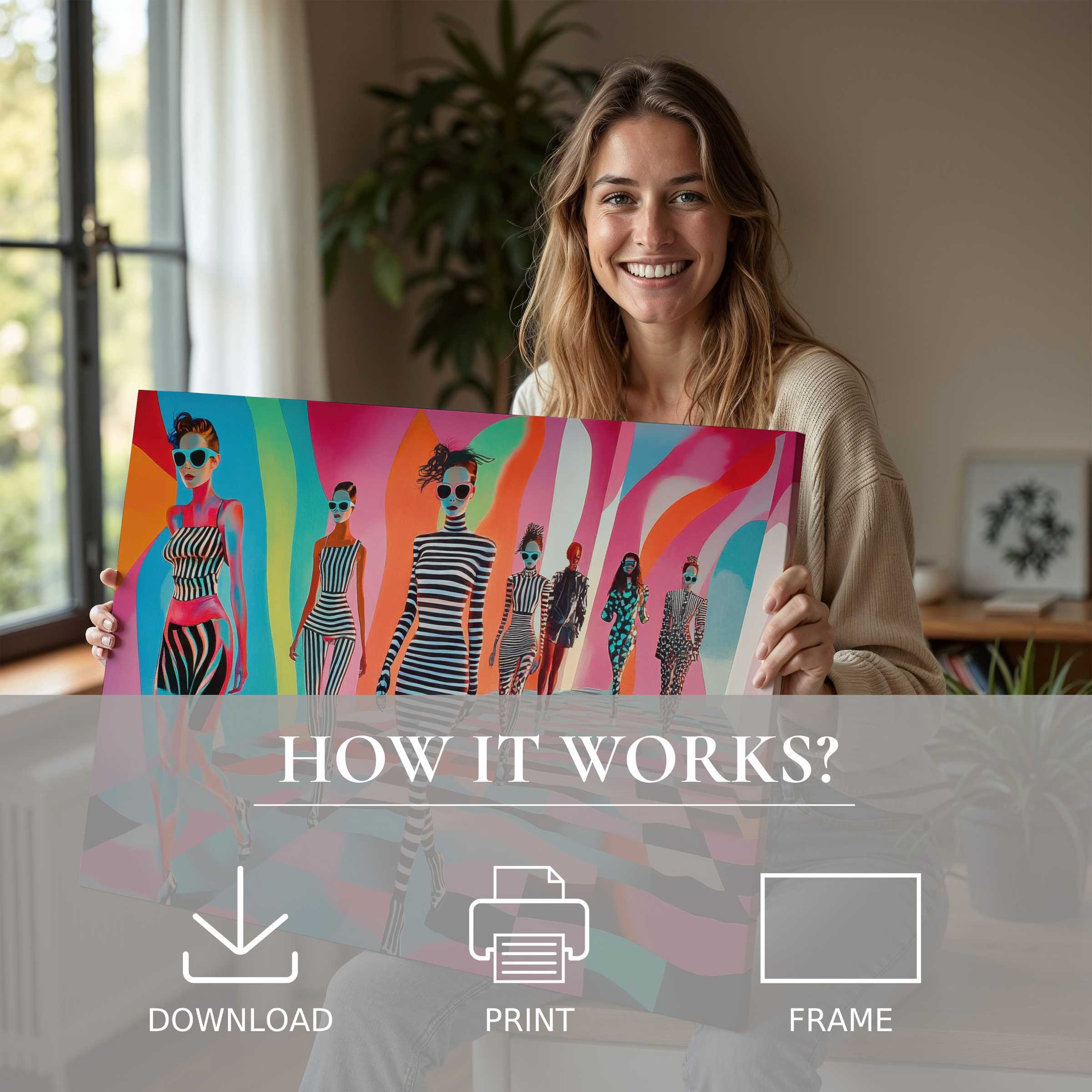 Contemporary pop art digital art print brightens a modern living room, capturing joy and effortless elegance in artful living