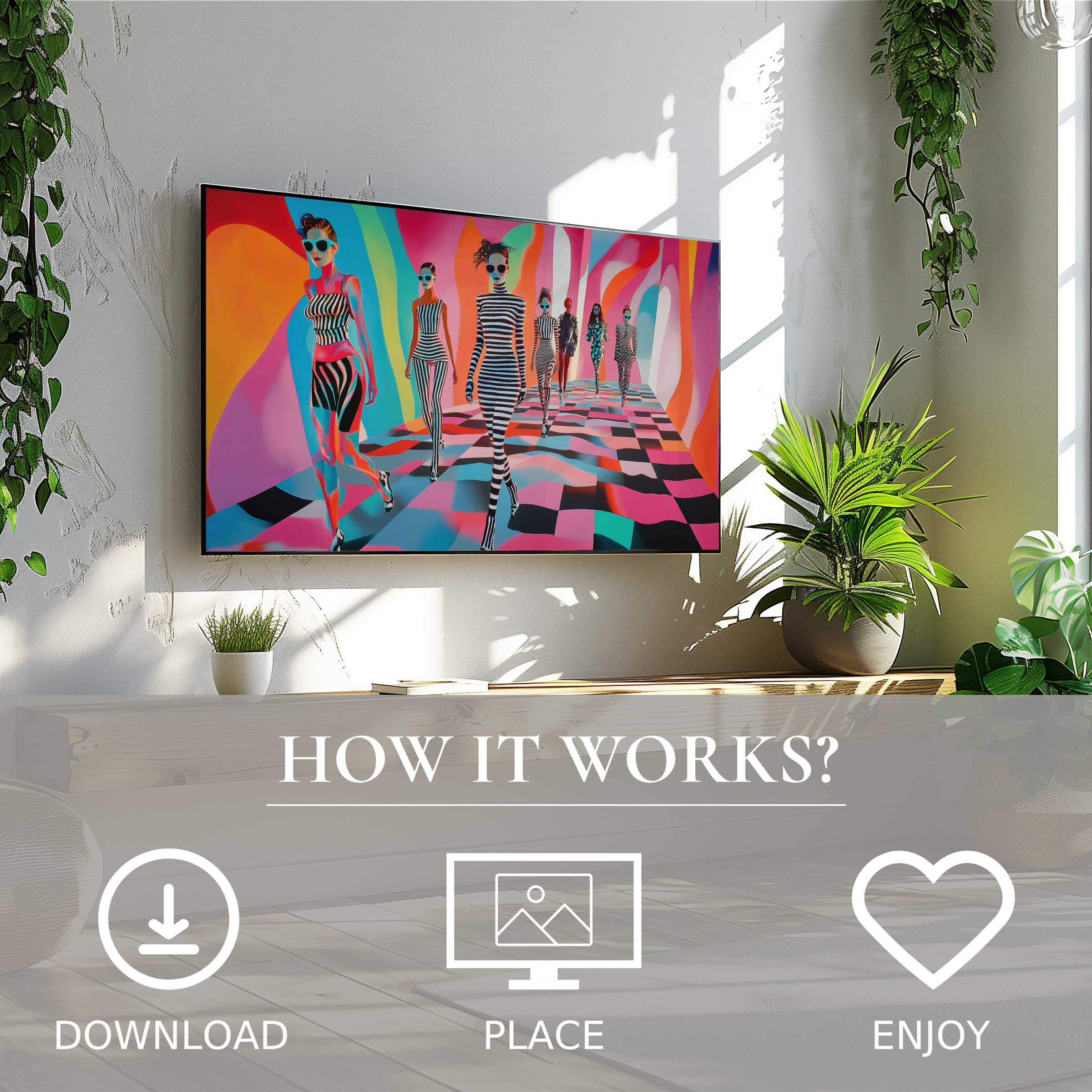 Pop art art for Samsung TV showing colorful figures in vibrant hues, easy digital download enriches modern living spaces