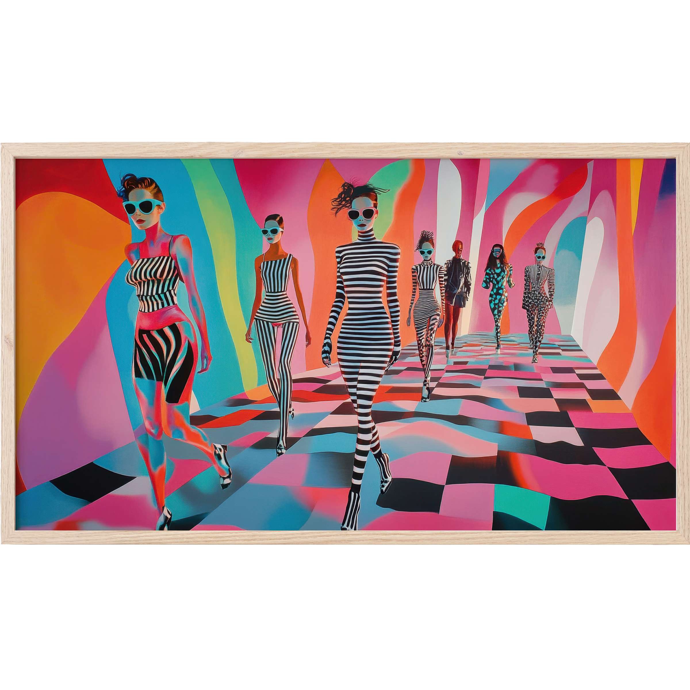 Vibrant pop art Frame TV Art with bold stripes, neon hues, and dynamic figures in a surreal, modern runway scene