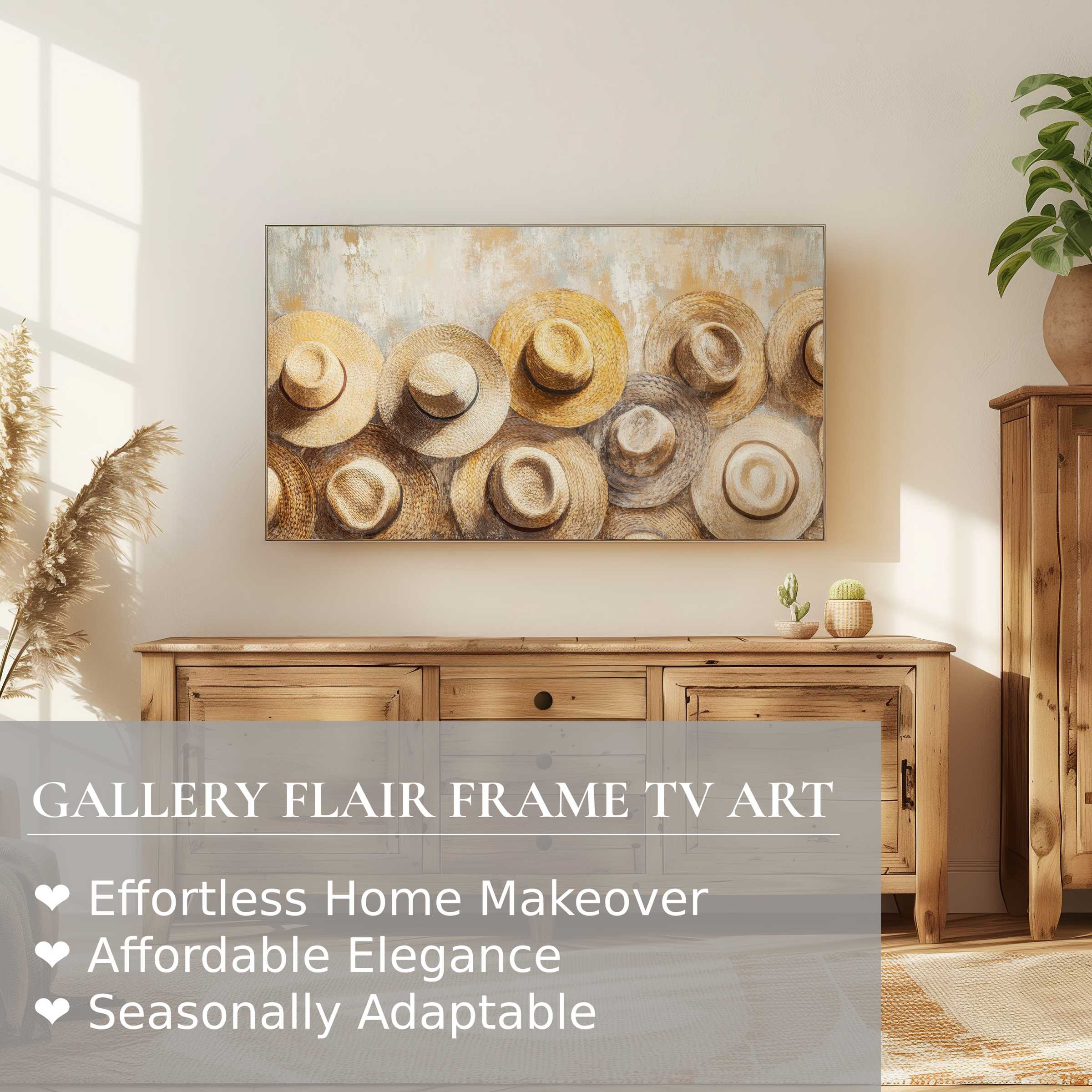 Samsung Frame TV showcasing boho digital artwork of woven hats in a sunlit, elegant, natural wood setting