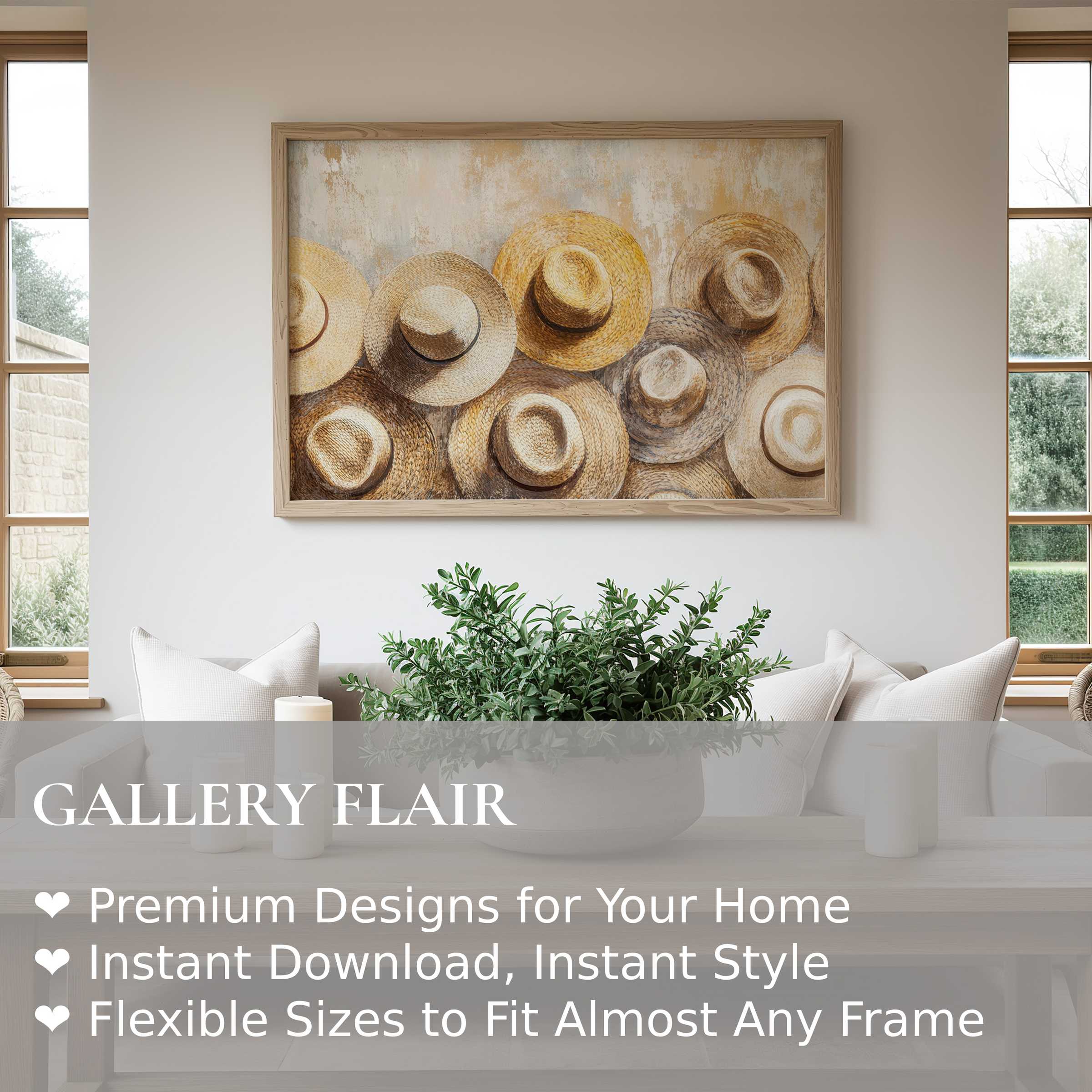 Boho wall art print featuring warm, textured straw hats, evoking calm and earthy vibes in a modern rustic living space