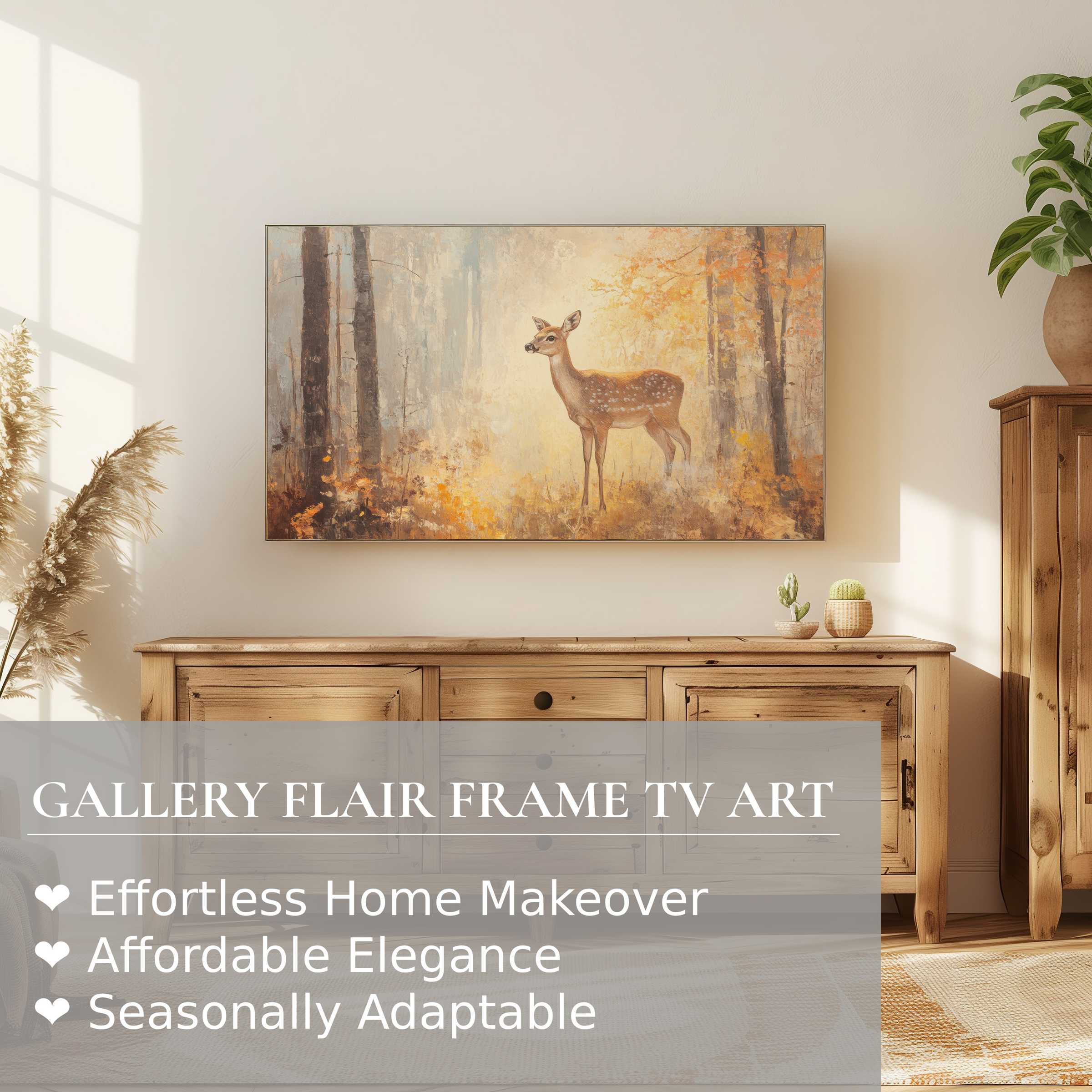 Samsung Frame TV displays serene fall digital artwork of a deer in an elegant, warm-toned modern living space