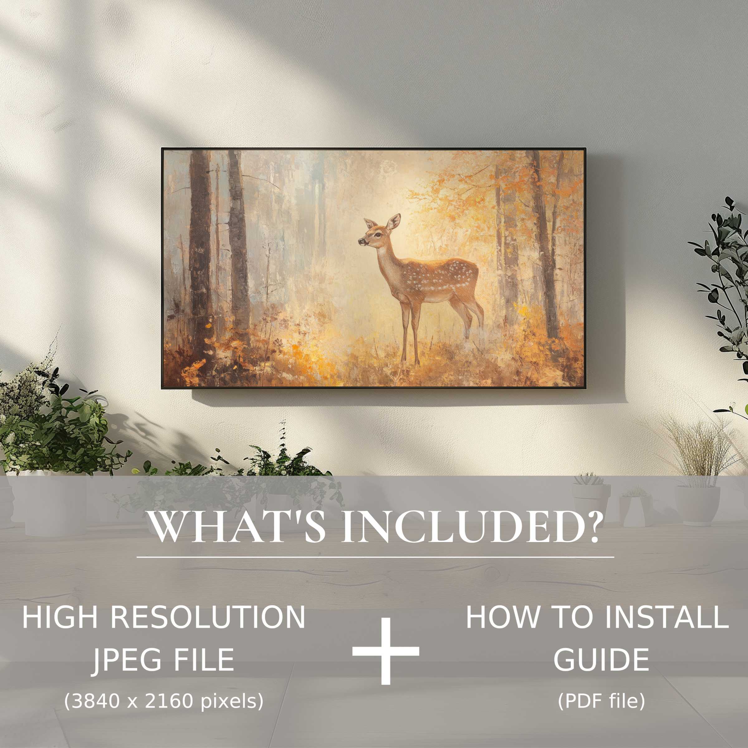 Elegant fall digital TV art download featuring a serene deer, enhancing living spaces with easy digital use