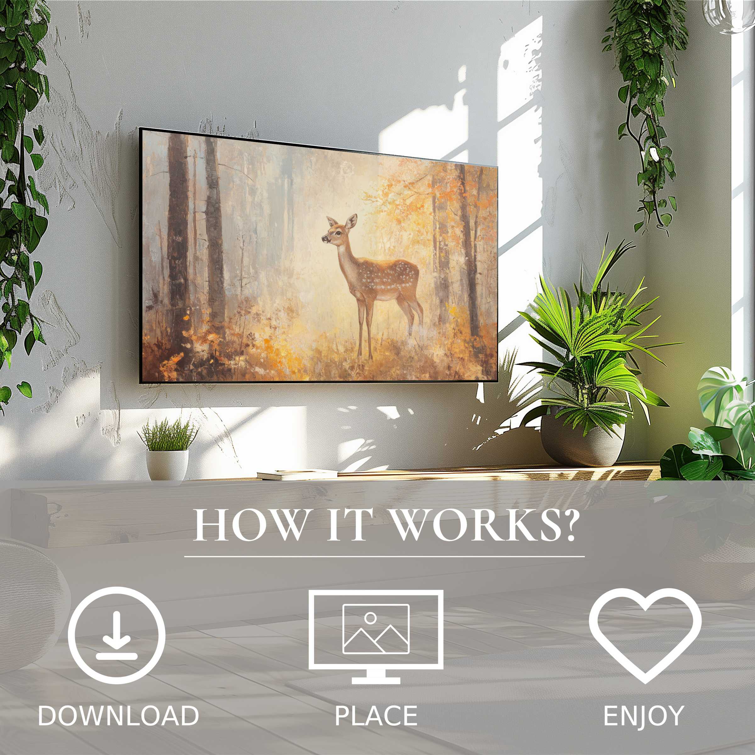 Fall art for Samsung TV shows soft sunset tones with a deer, easy digital download enriches modern living spaces