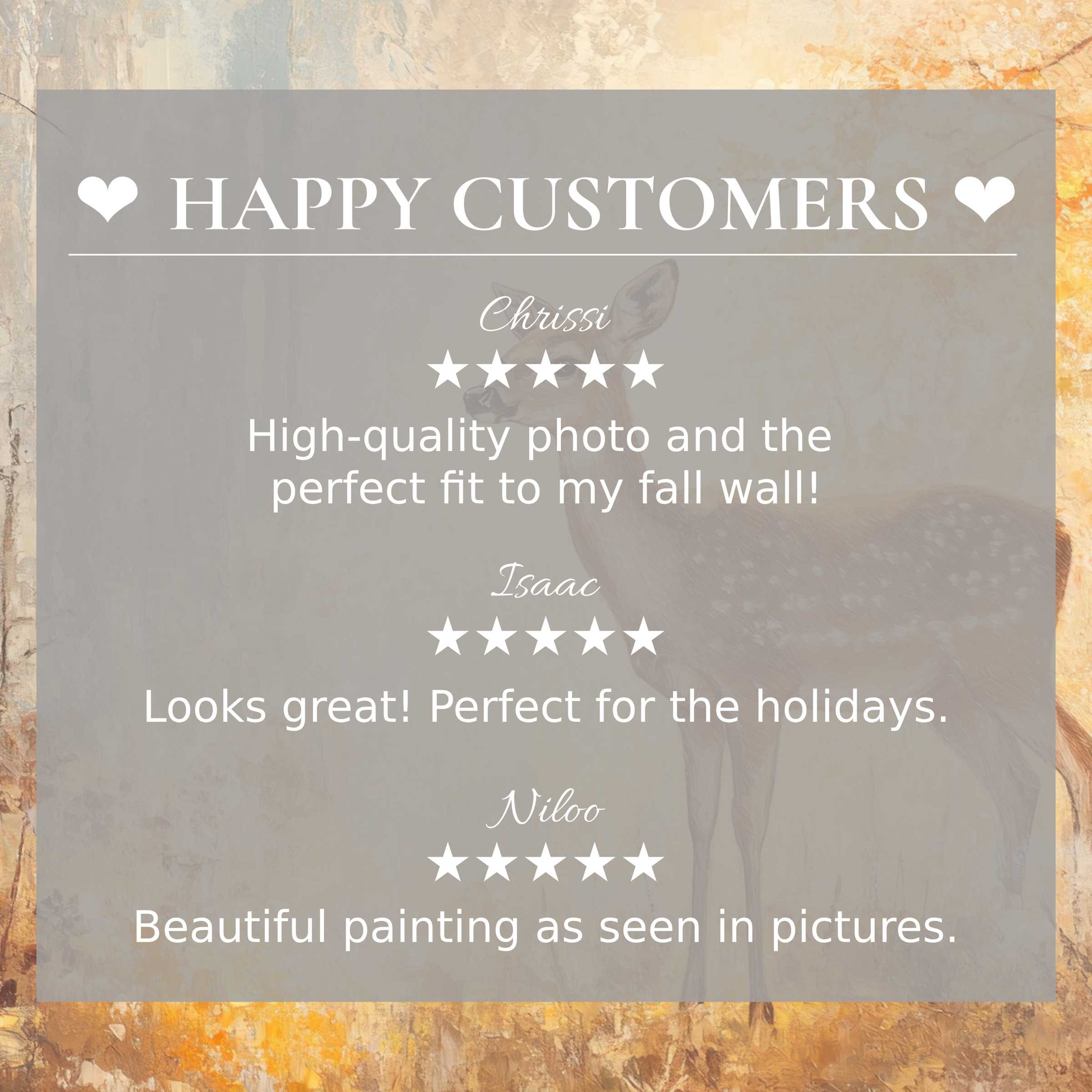 fall art for Frame TV with delicate deer and soft autumn hues, highlighting happy customer praise and elegant design trust