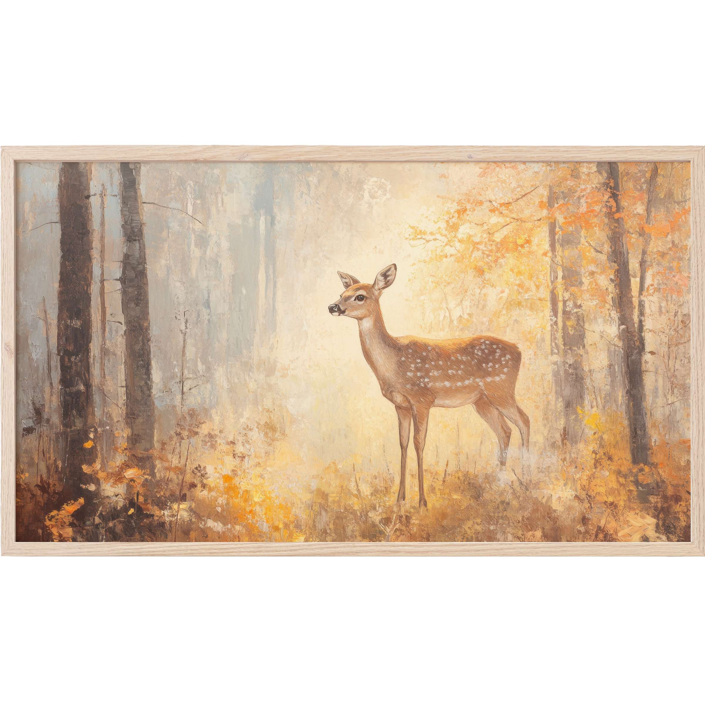 Fall Frame TV Art: serene deer in soft autumn hues, warm golden foliage, and muted forest background, elegant and modern