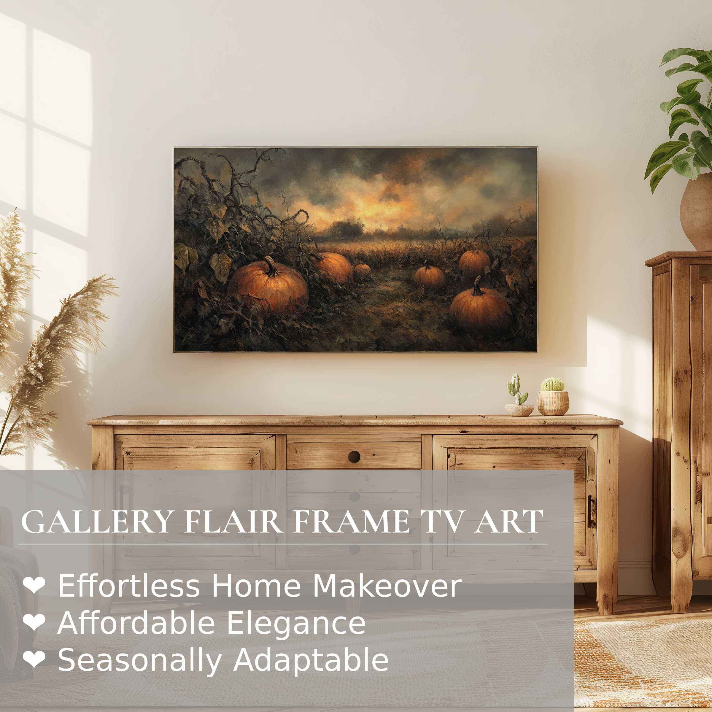 Samsung Frame TV displays elegant halloween digital artwork of moody pumpkin fields in a refined modern living space