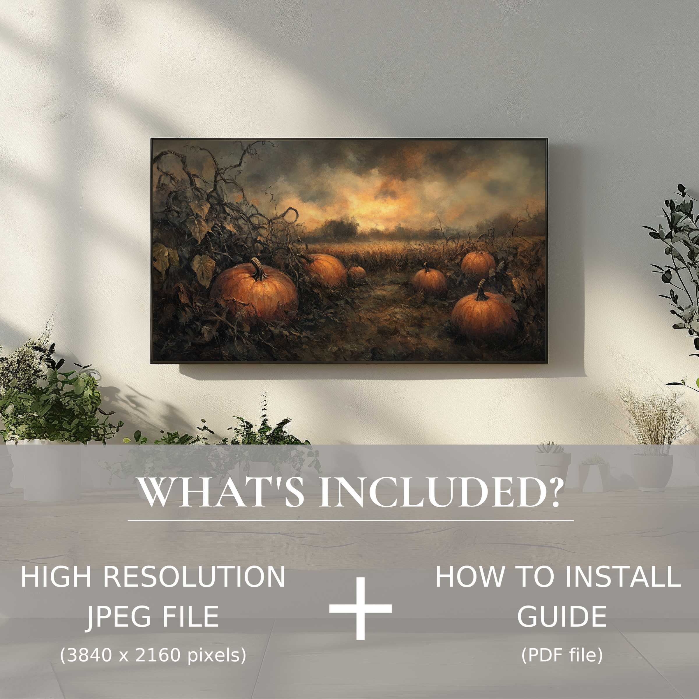 Elegant living room with a Halloween digital TV art download, easy to use, enriching your stylish home ambiance
