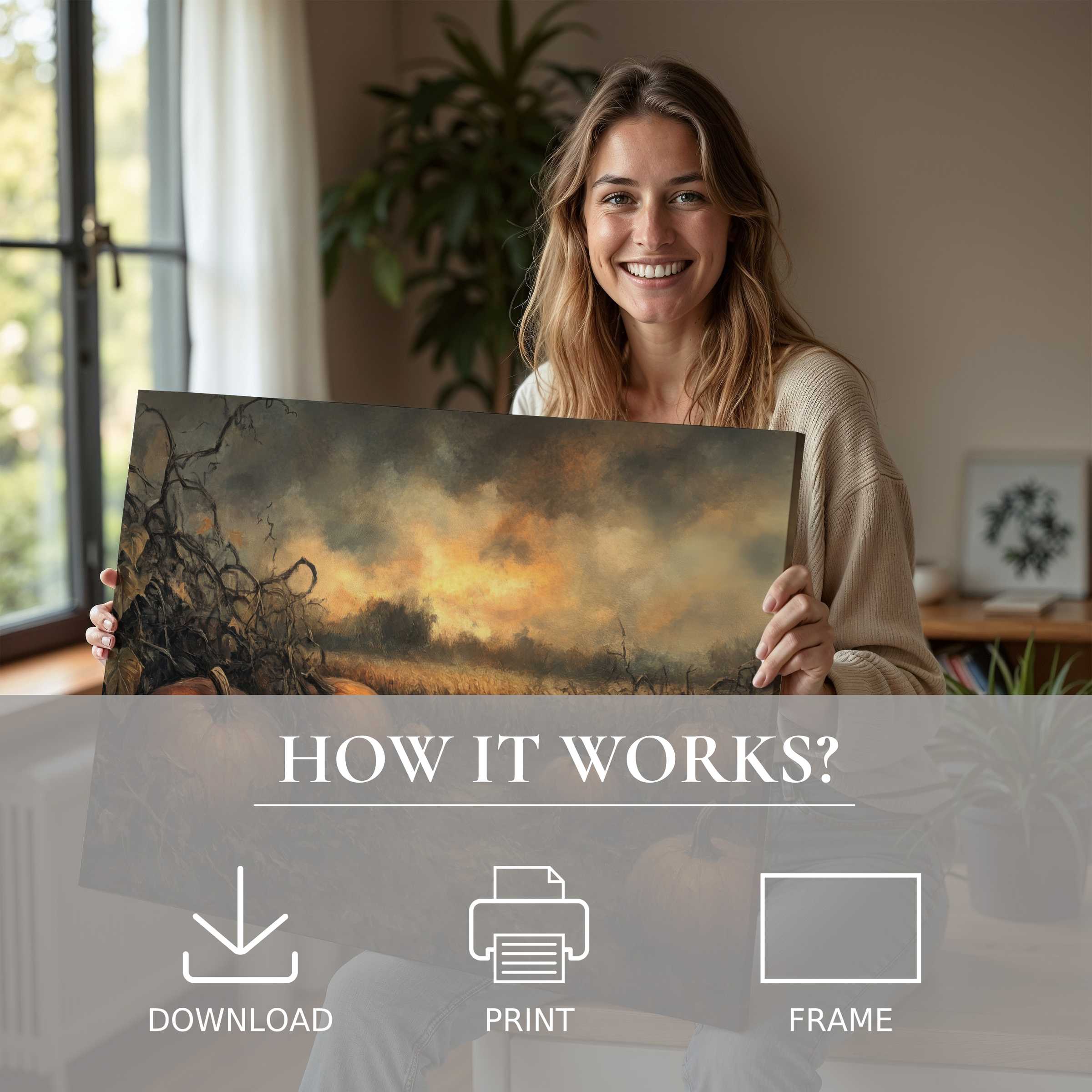 A serene moment of joy as a woman embraces a moody halloween digital art print, enriching her stylish modern home with effortless elegance