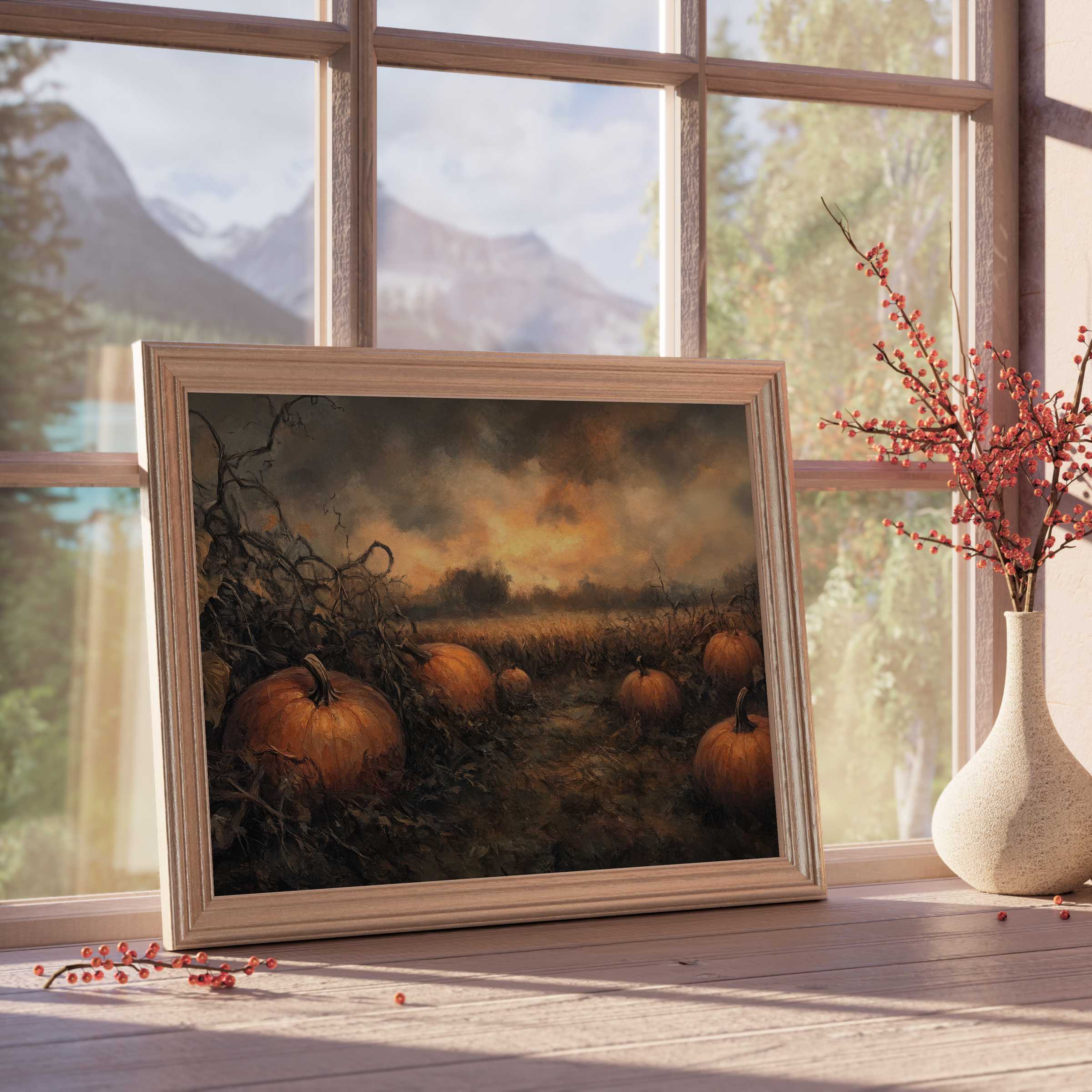 Halloween downloadable art evokes a moody, autumnal pumpkin patch, enriching curated interiors with warm, tranquil elegance and seasonal charm