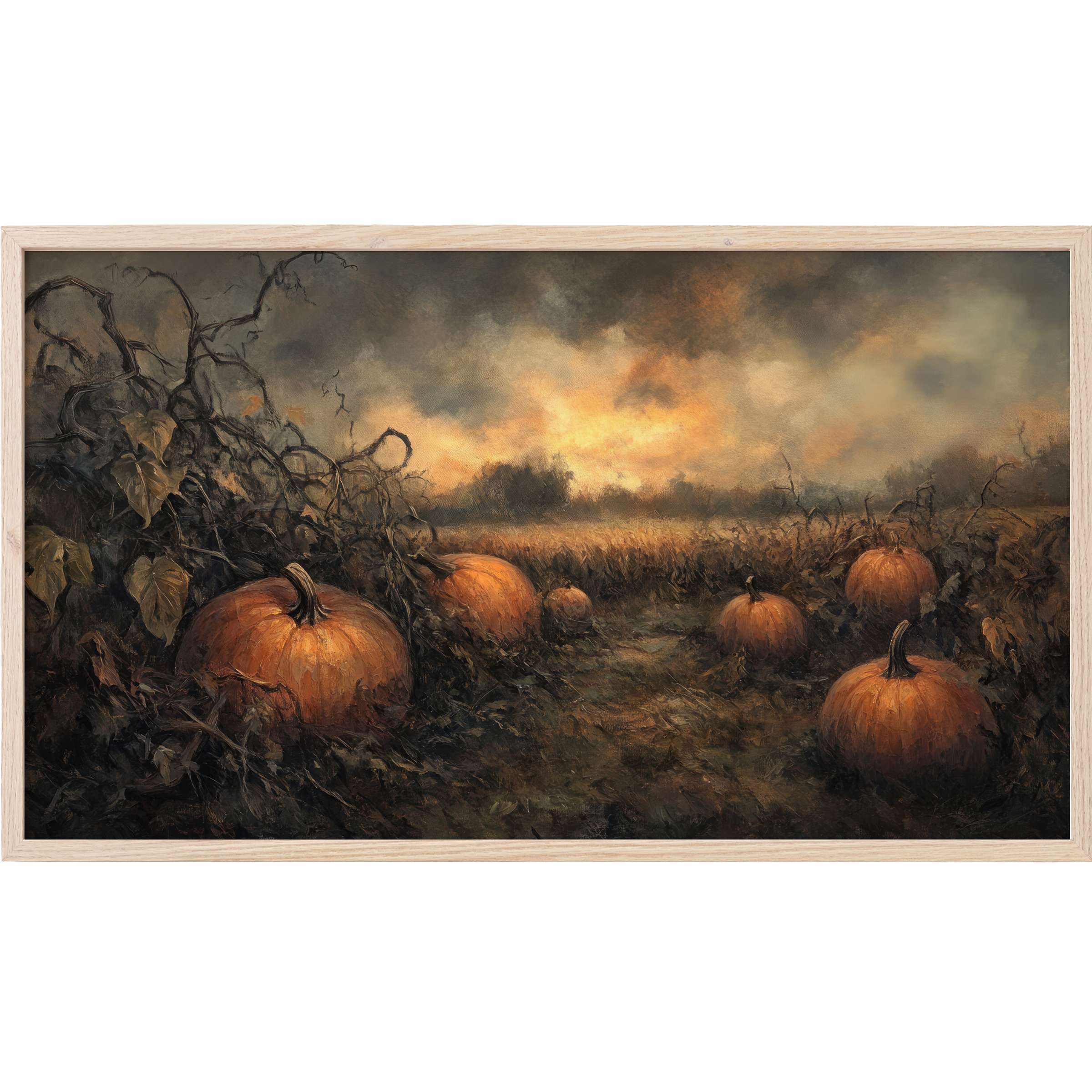 Moody pumpkin patch at dusk with muted browns and oranges, a refined halloween Frame TV Art for chic seasonal decor