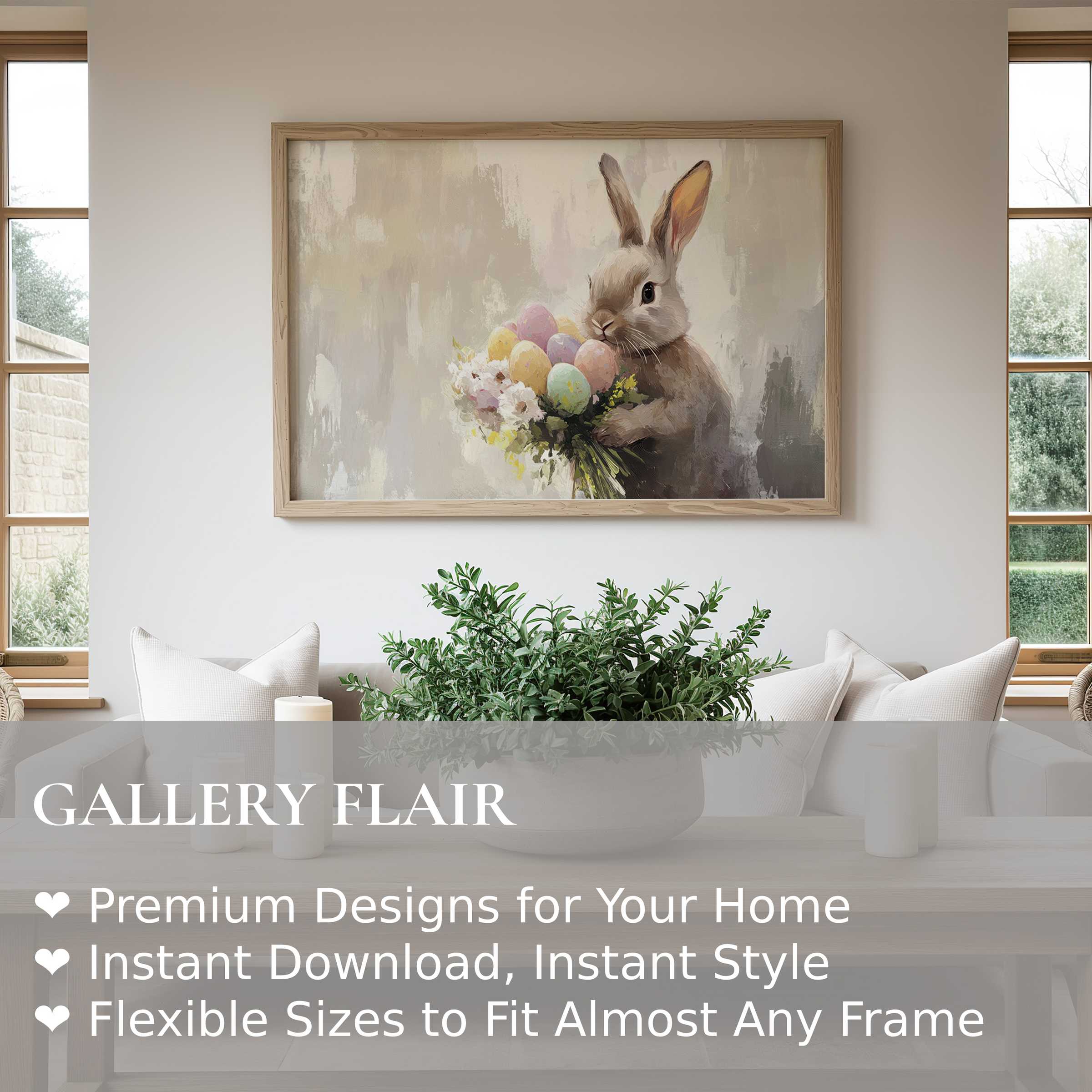Easter wall art print featuring a soft, charming bunny with pastel eggs, enhancing modern farmhouse and cozy neutral interiors