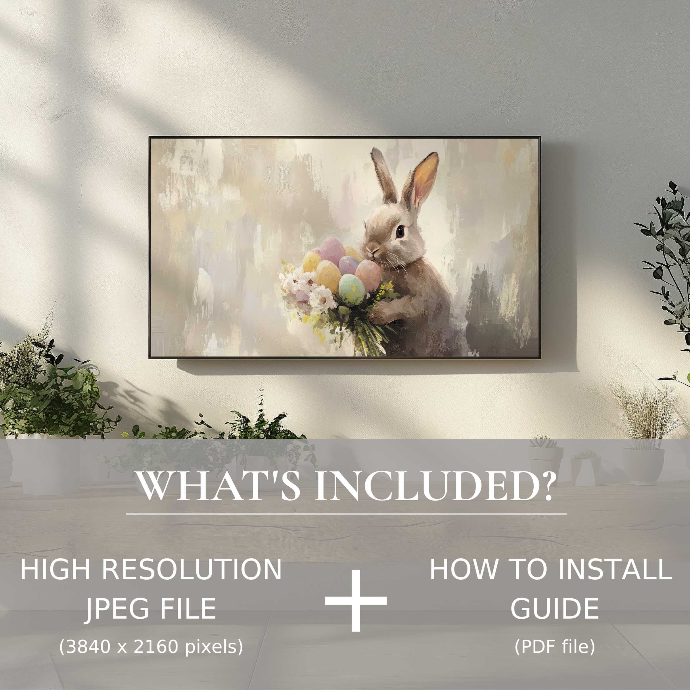 Elegant living room featuring an easter digital TV art download with easy use, enhancing your modern decor space