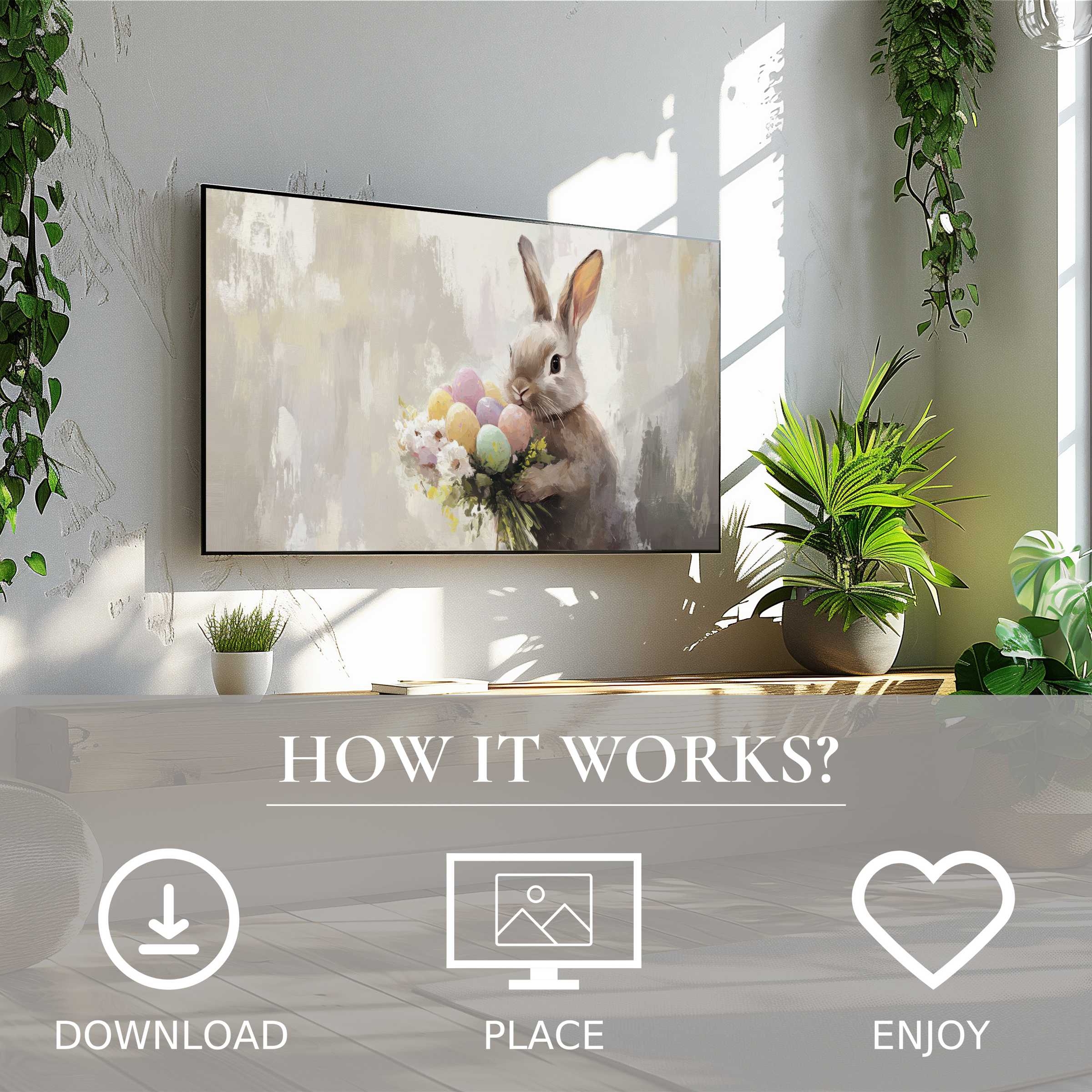 Easter art for Samsung TV shows soft Easter tones with a bunny and eggs; easy digital download enriches decor