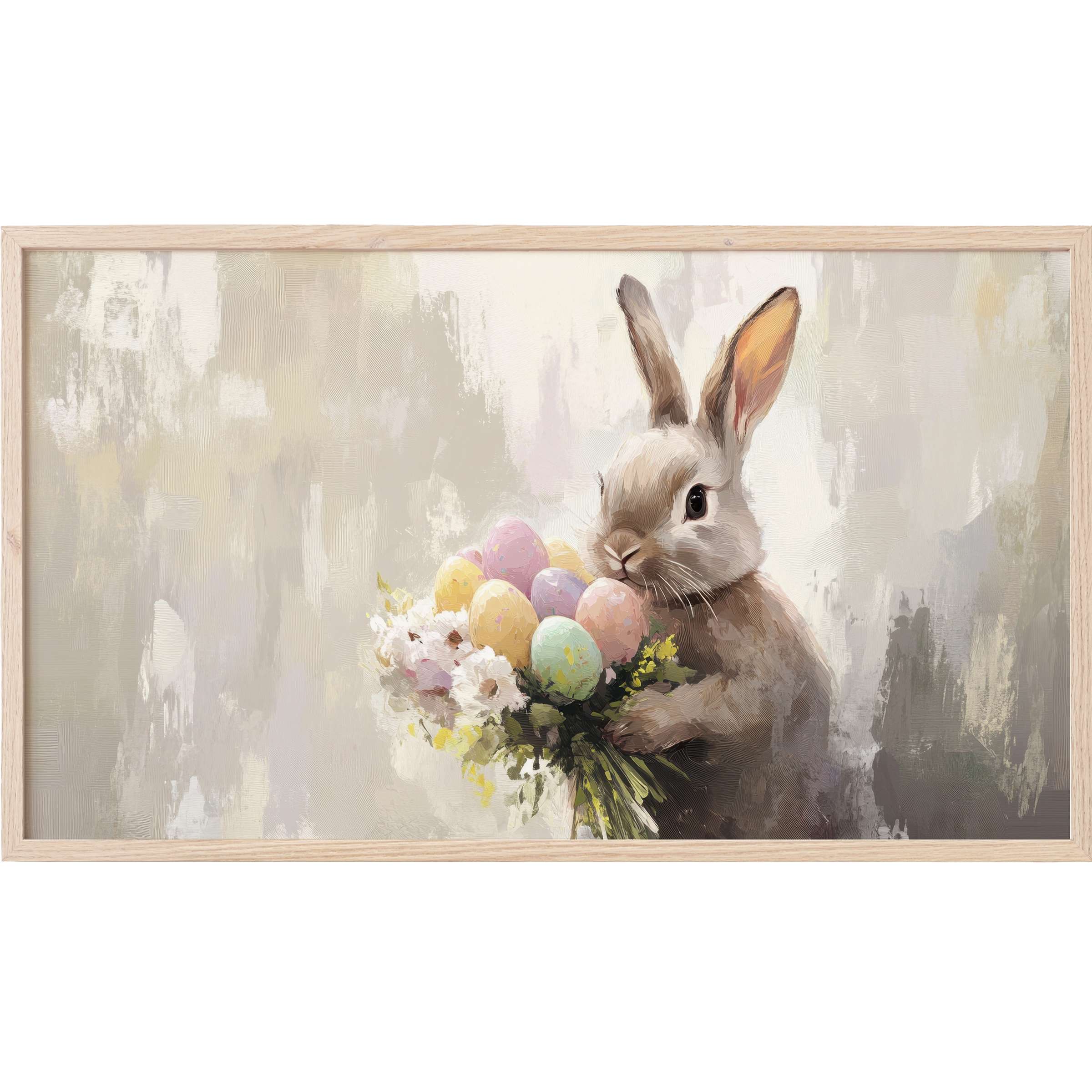Elegant easter Frame TV Art with soft pastels, gentle brushstrokes, and a charming bunny holding colorful eggs