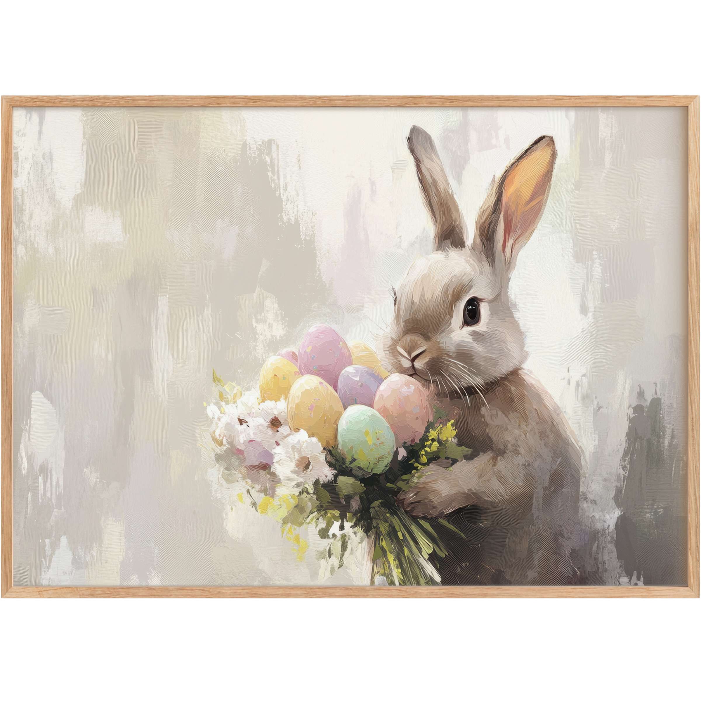 Charming easter printable wall art featuring a serene bunny with pastel eggs and delicate blooms, evoking warmth and renewal