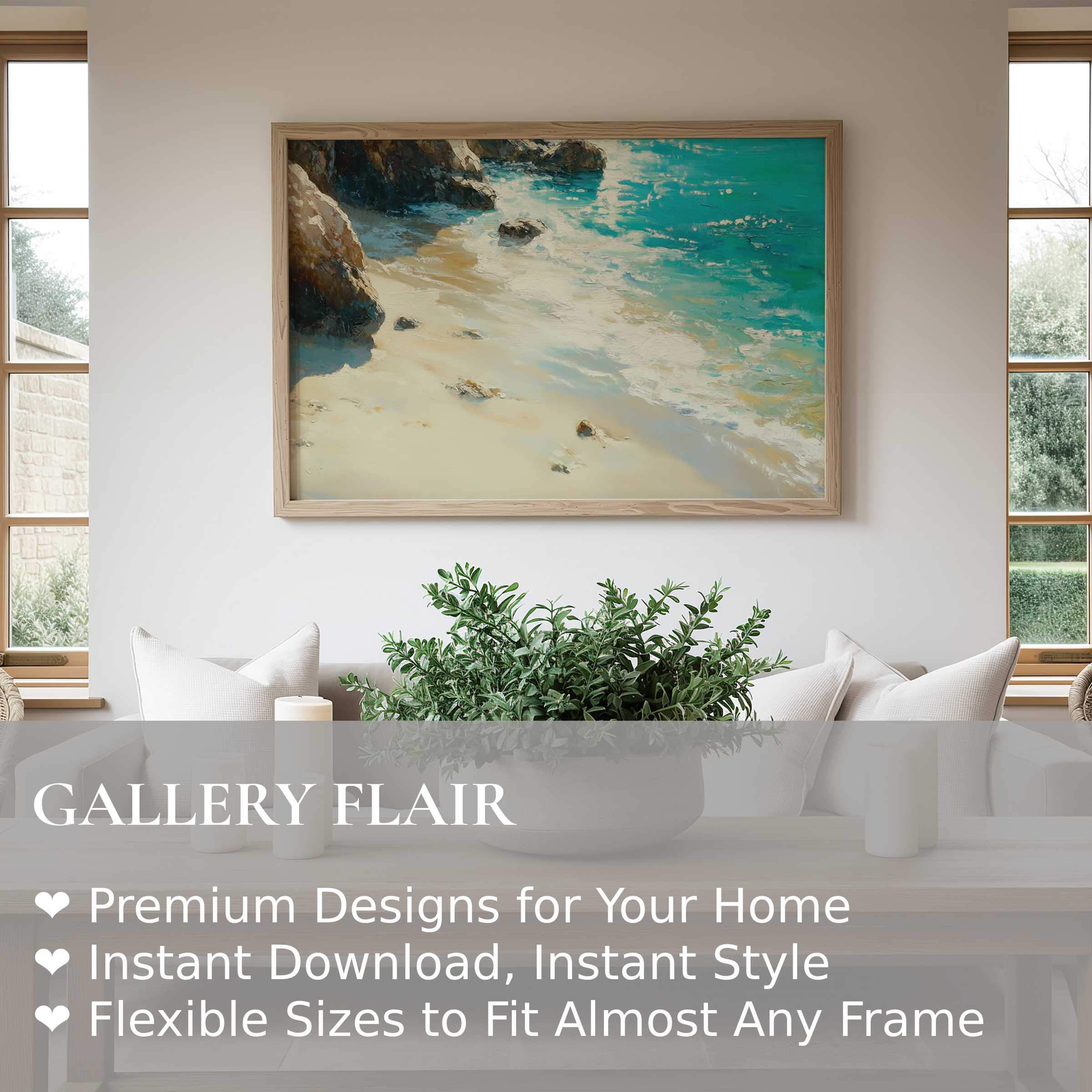 Serene beach wall art print capturing radiant turquoise waves and soft sandy shores, elevating this modern coastal living space with a calming, natural elegance